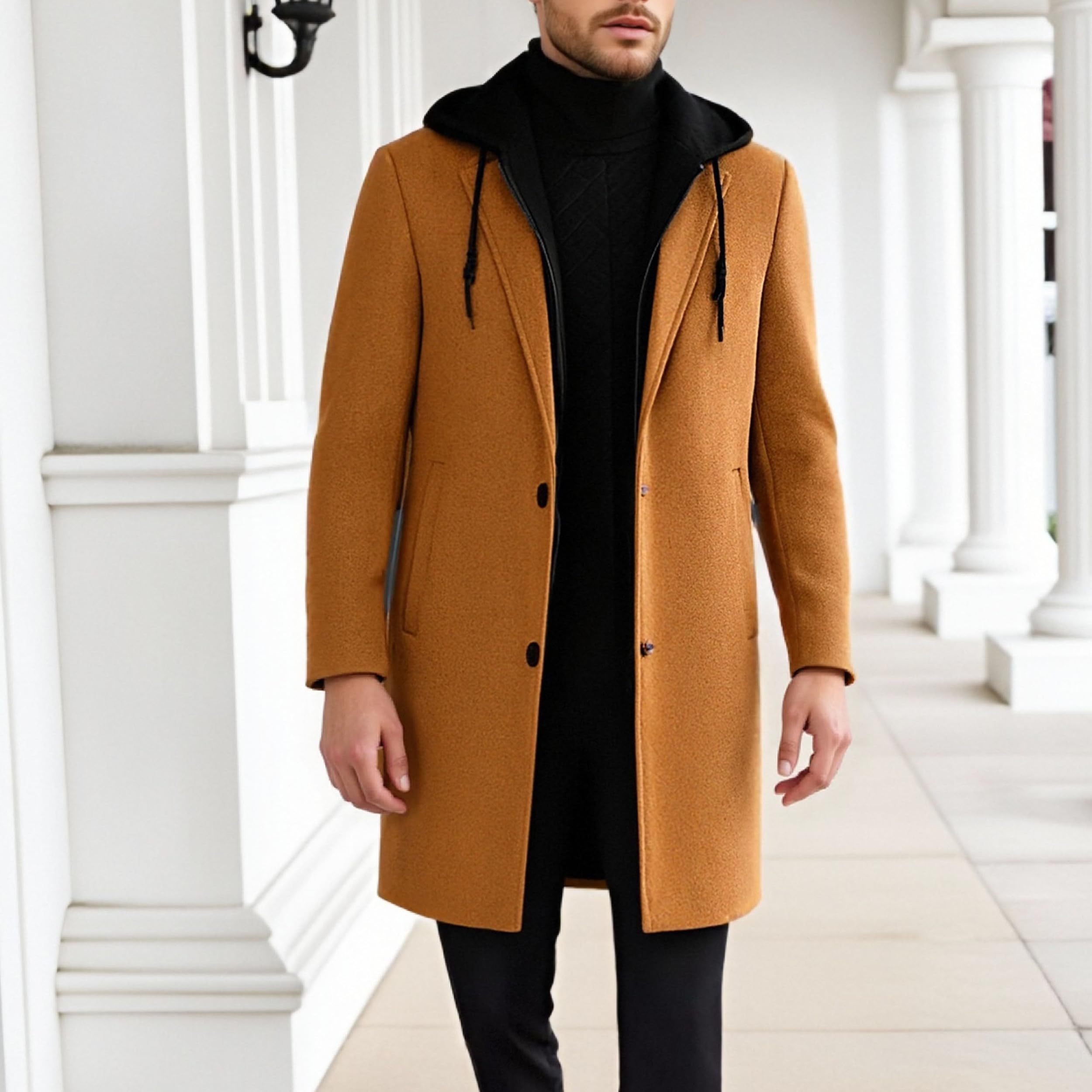Trench da uomo con cappuccio, trench lungo, giacca casual in lana e cotone