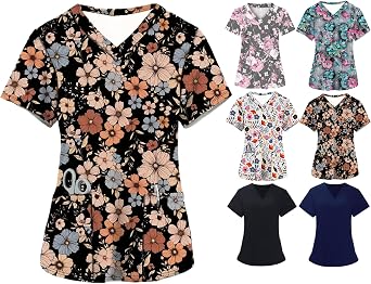 Scrub Tops Women Floral Print Scrubs V Neck Short Sleeve Stretch Functional Workwear Nurse Uniform