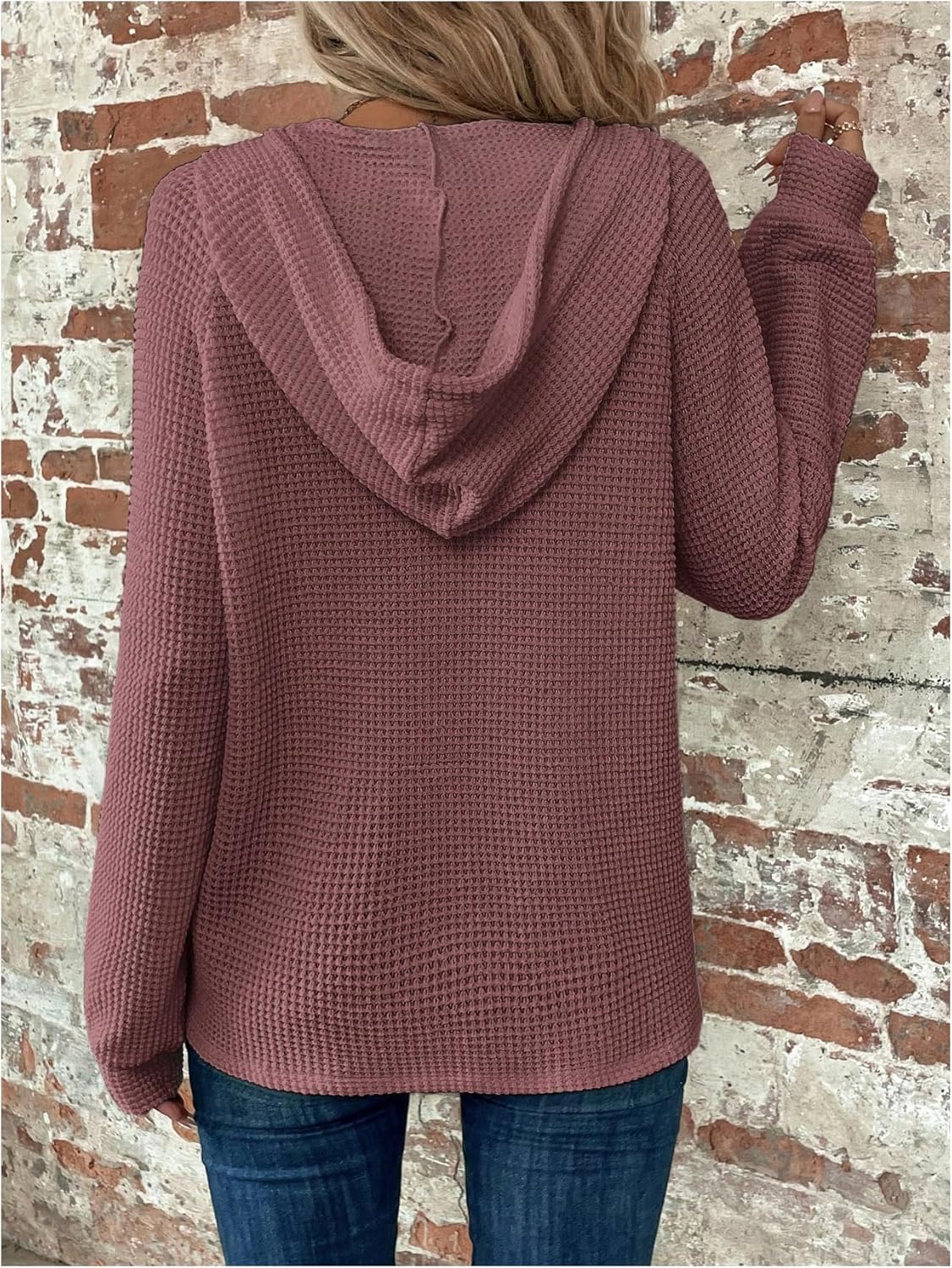 WDIRARA Women's Oversized Hoodies Waffle Knit Sweatshirt V Neck Button Up Hoodie Pullover - Image 2