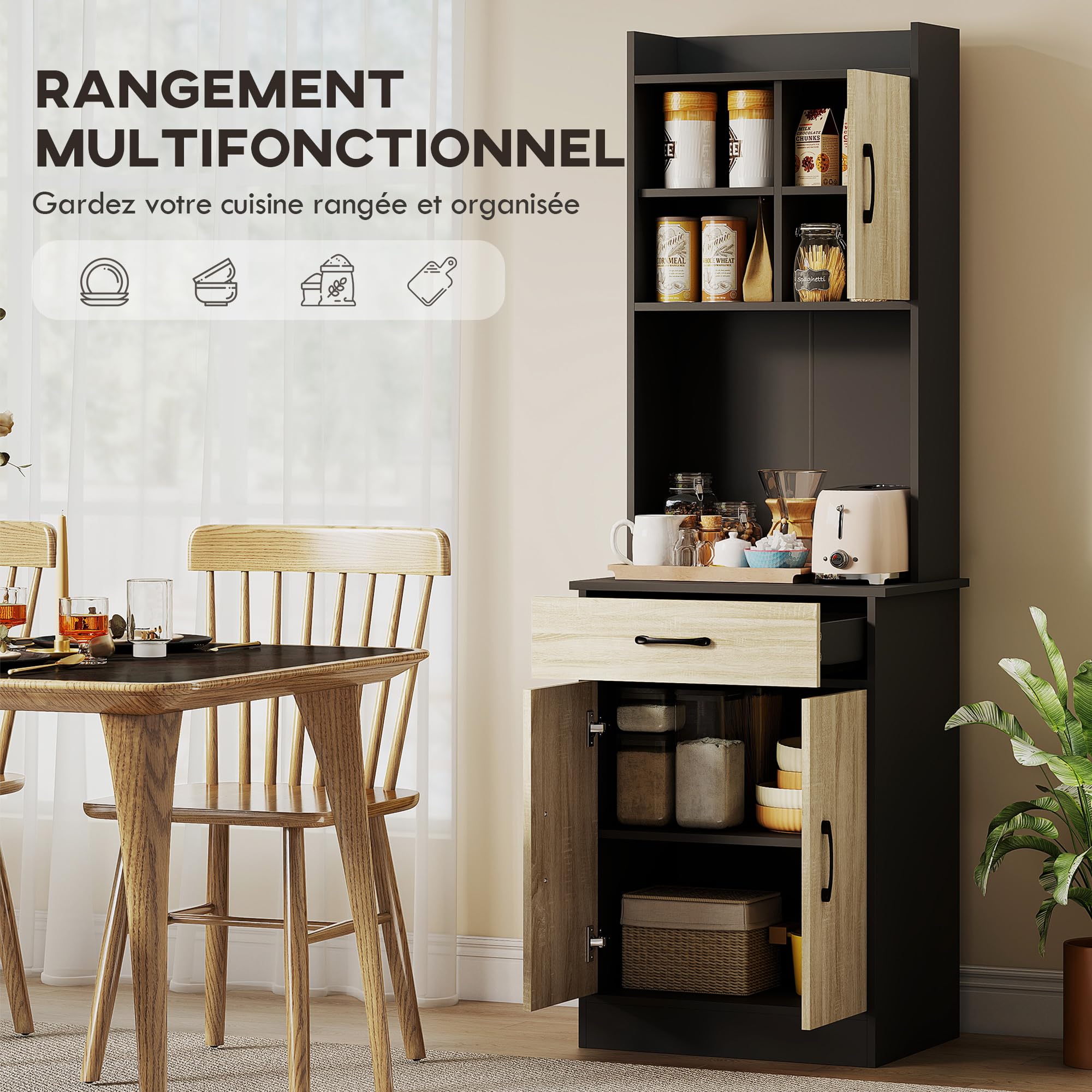 HOMCOM Buffet Haut Cuisine avec Tiroir 60x40x180 cm Effet Bois Naturel | Armoire de Cuisine, Vaisselier 3 Portes, Étagères Ouvertes, Plan de Travail, Meuble de Rangement, Salon, Salle à Manger