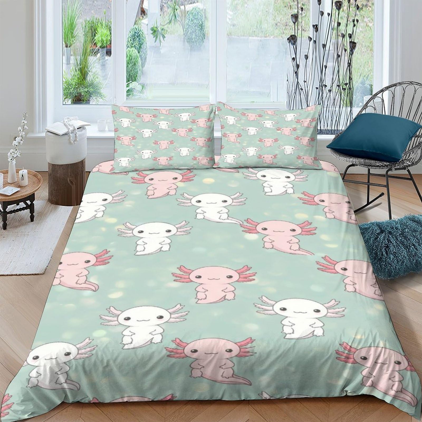 Ctjqhvkz Style-2 3D Printed Cute Axolotl Fitted Sheet Microfiber Soft Green Animal Cartoon Bed Sheet For Bedroom Guest Room Decor Single（135X200cm）