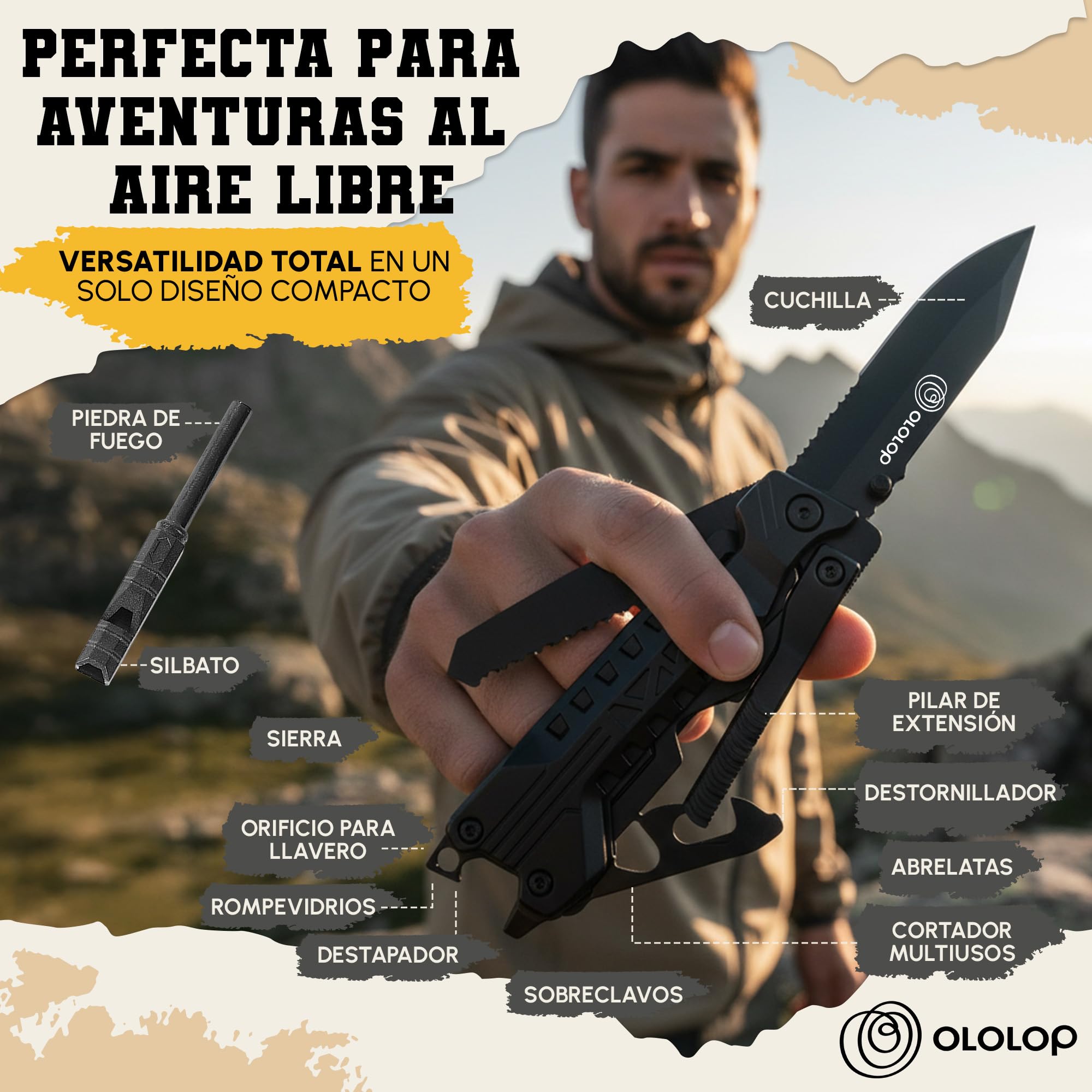 Navaja Multiherramienta 23 en 1 con Funda para Cinturón, Pedernal y Silbato — Acero Inoxidable Resistente para Camping, Senderismo y Emergencias | Ololop® — view 9