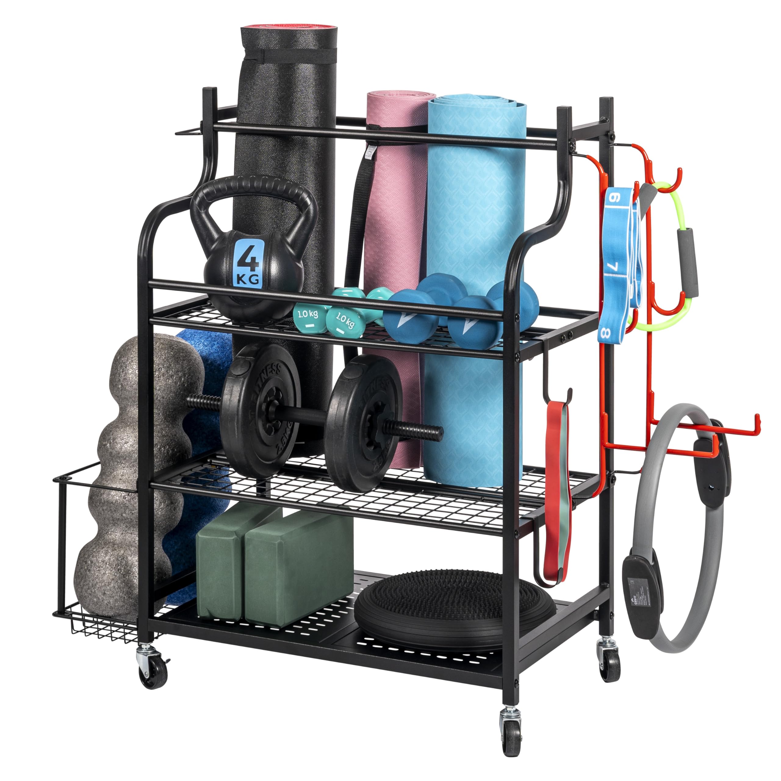 eluno Carrello portautensili da yoga con ripiani robusti, molti ganci e cestello laterale per kettlebell, rullo fasciale, manubri e accessori fitness in acciaio nero