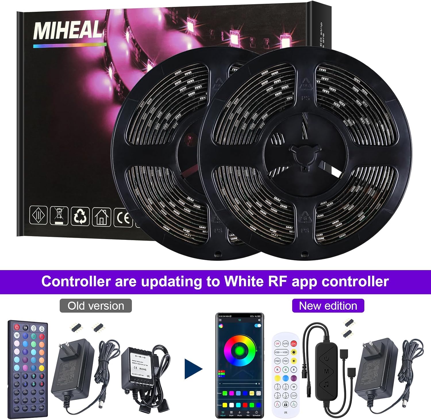 MIHEAL Led Strip Lights Kit 32.8 Ft (10m) 300leds Waterproof 5050 SMD RGB LED Flexible Lights with 44key ir Controller and Power Supply for Home,Kitchen,Trucks,Sitting Room and Bedroom Decoration.