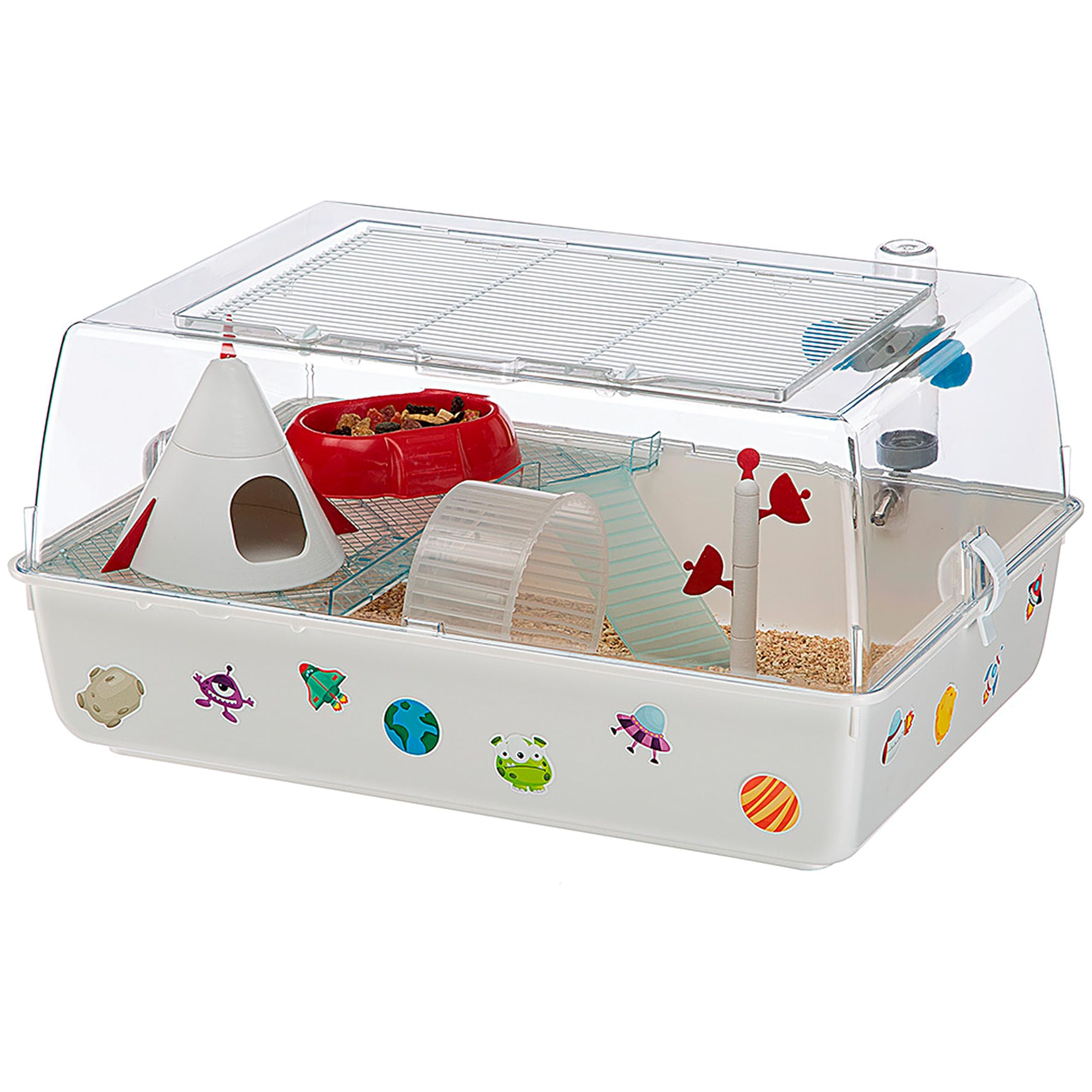 Ferplast Gabbia per Criceti a tema Spazio, Tetto Apribile, Habitat con tutti gli Accessori e Adesivi inclusi, Base Removibile, 55 x 39 x h 27 cm