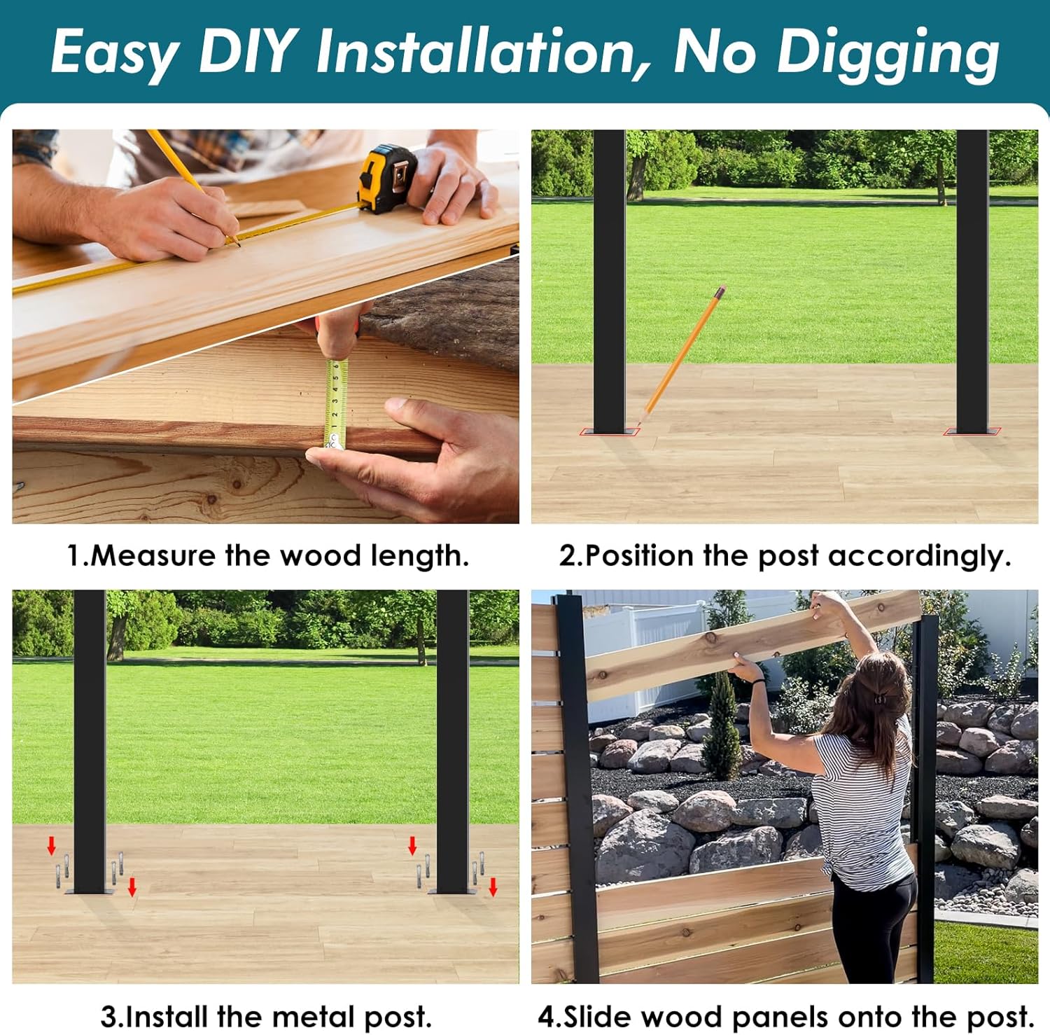 2 Line Post for 6ft Outdoor Privacy Fence Panels, Matte Black Metal Wood Fence Post, No Dig Hard Surface Mount. (2 Posts for 180 Degree)