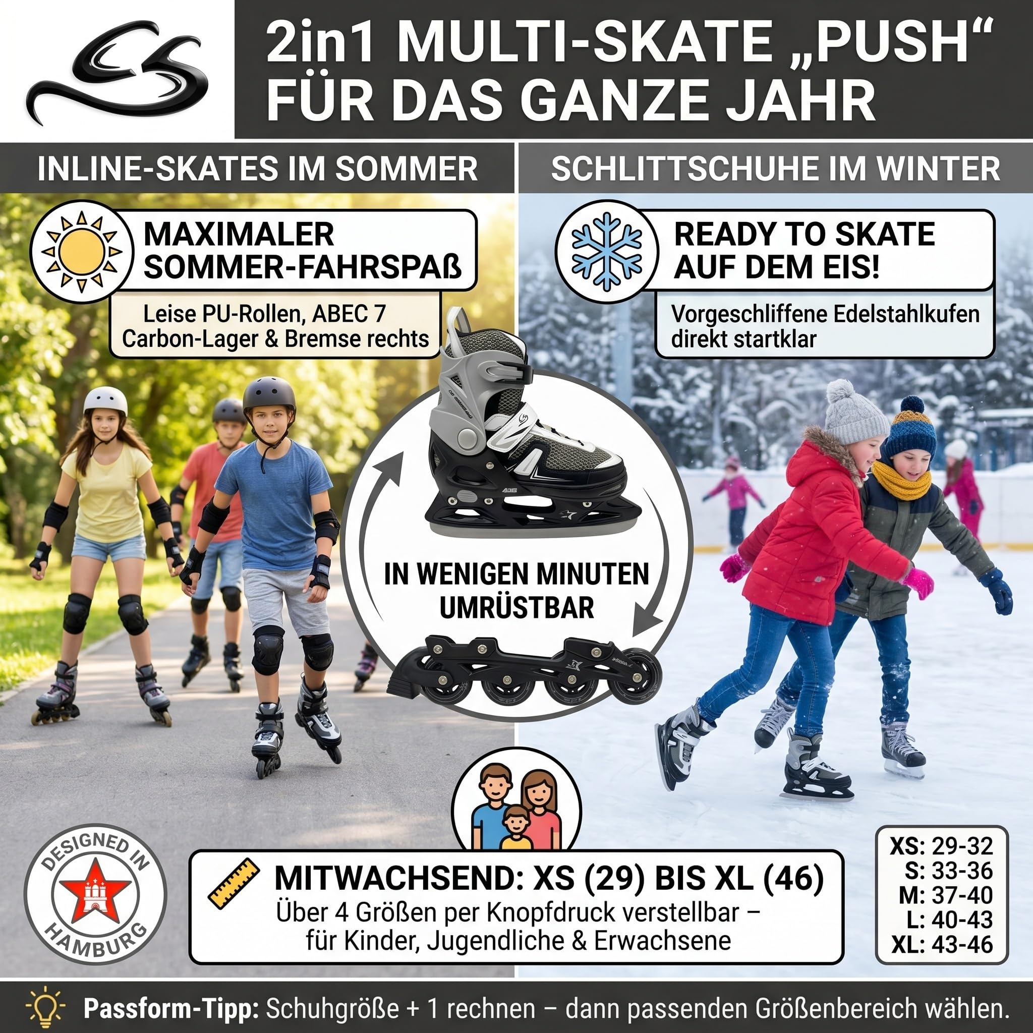 Cox Swain Push 2in1 Inliner & Schlittschuhe - Größenverstellbare Kombi Skates & Eislaufschuhe für Kinder, Mädchen, Jungen, Damen & Herren - Edelstahlkufen, PU-Rollen, ABEC 7, Gr. 29-32 bis 43-46