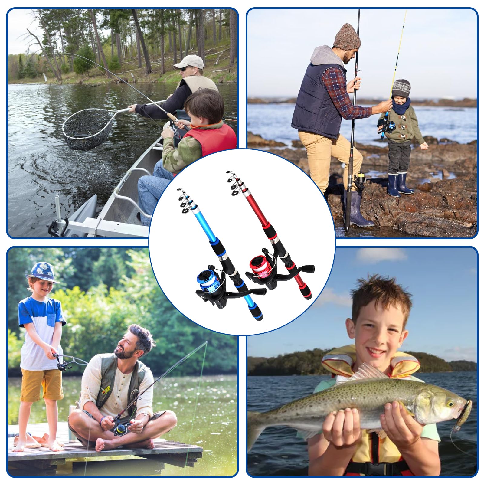 Juego de 2 cañas de pescar para niños, caña de pescar para niños, caña de pescar telescópica, 180 cm, caña de pescar telescópica portátil y carrete con cebo de línea de pesca, bolsa para niños y