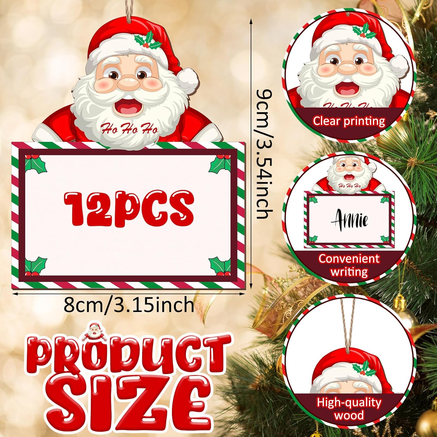 12 Pack Santa Claus Christmas Stocking Name Tags Hohoho Wooden Stocking Labels Gift Tags Santa Hanging Ornament with Rope Red Berry Wooden Name Tag for Xmas Holiday Decoration - Image 2