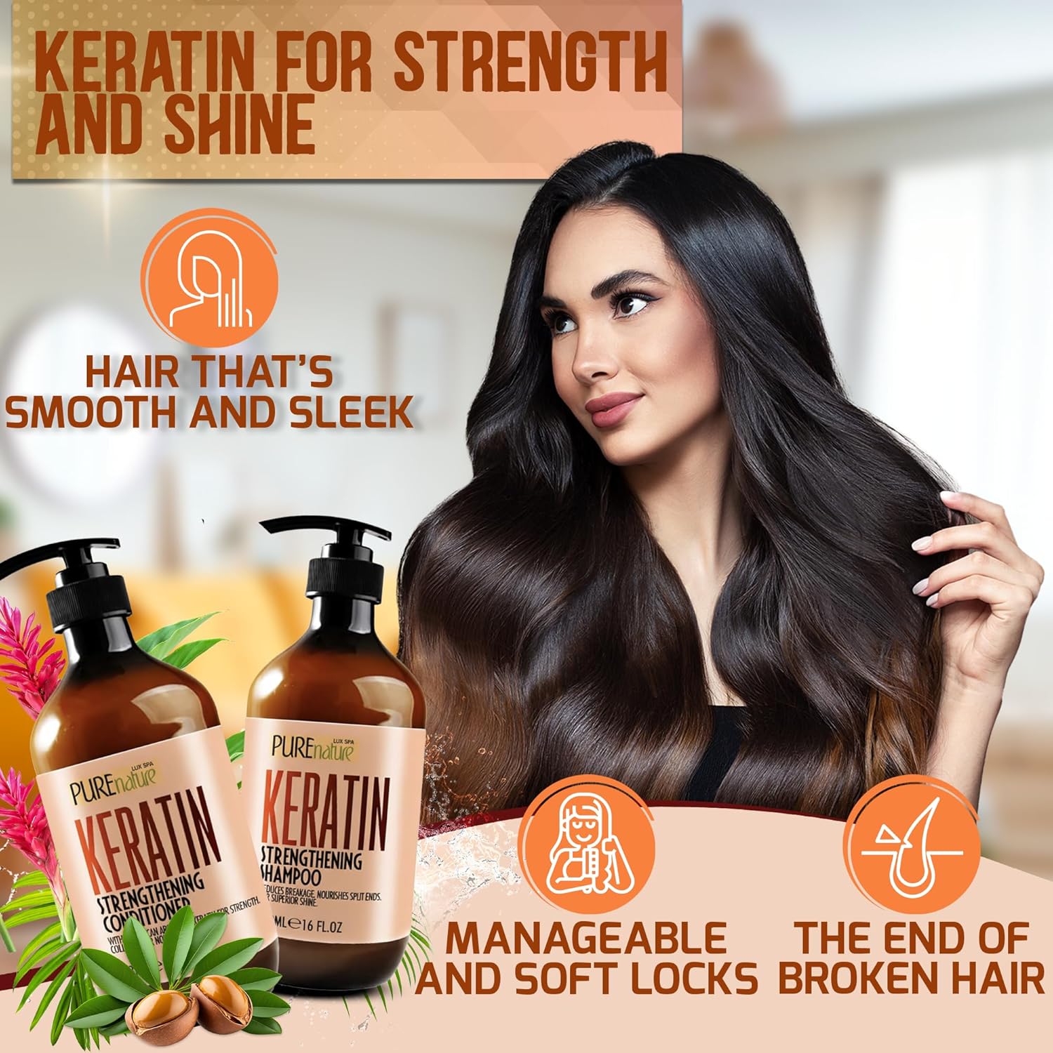 Keratin Shampoo and Conditioner Set - Sulfate and Paraben Free Treatment for Dry Hair - Anti Frizz, Collagen Enriched Formula for Curly or Damaged Hair - Safe for Men and Women with Color Treated Hair - Image 2