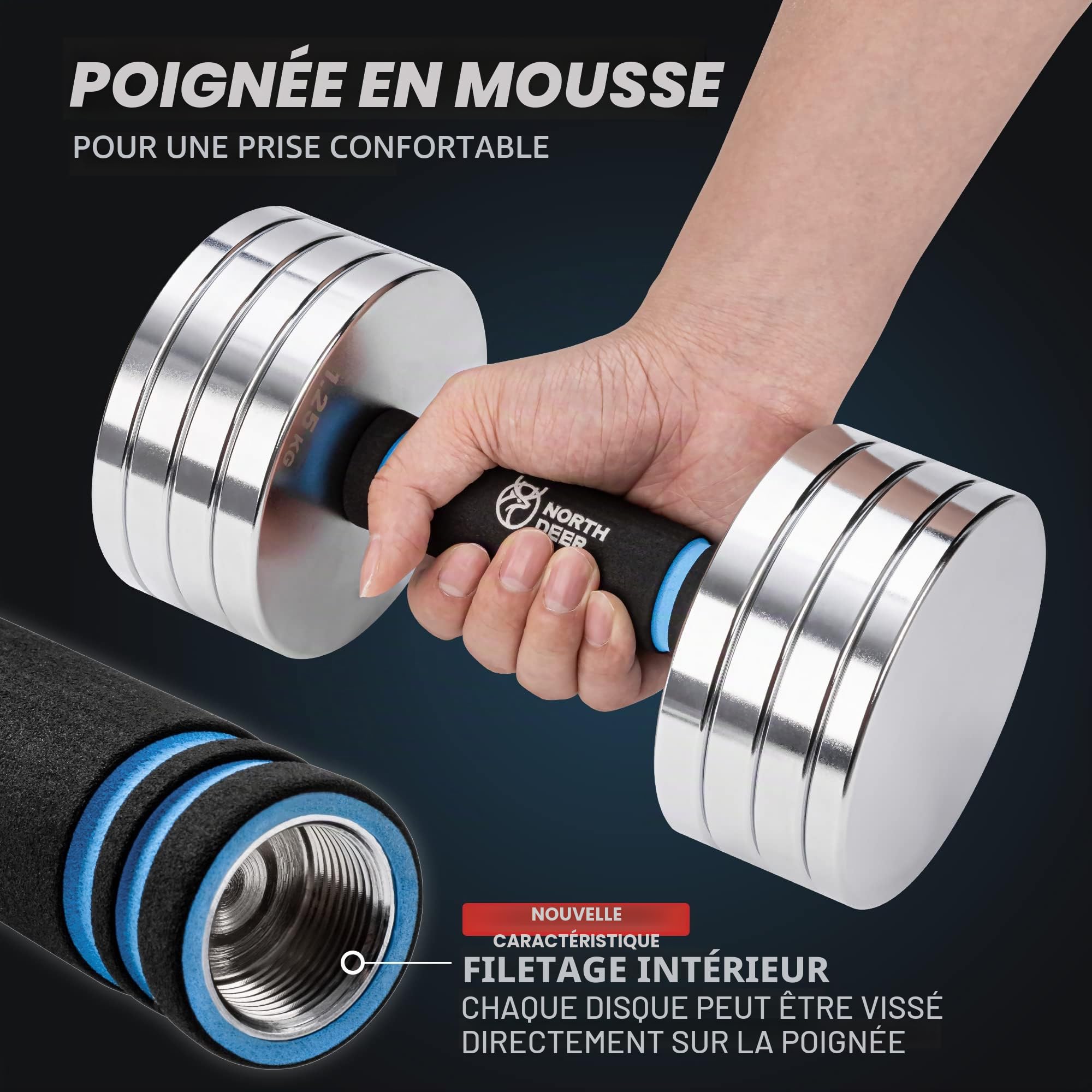 Northdeer Lot de 2 haltères 2 en 1 - Réglables - En acier - 10 kg - Poids ultra compact : 2,5 kg, 3 kg, 5,5 kg, 7,5 kg, 8 kg, 10 kg - Avec barre de connexion pour fitness, entraînement, gym, maison