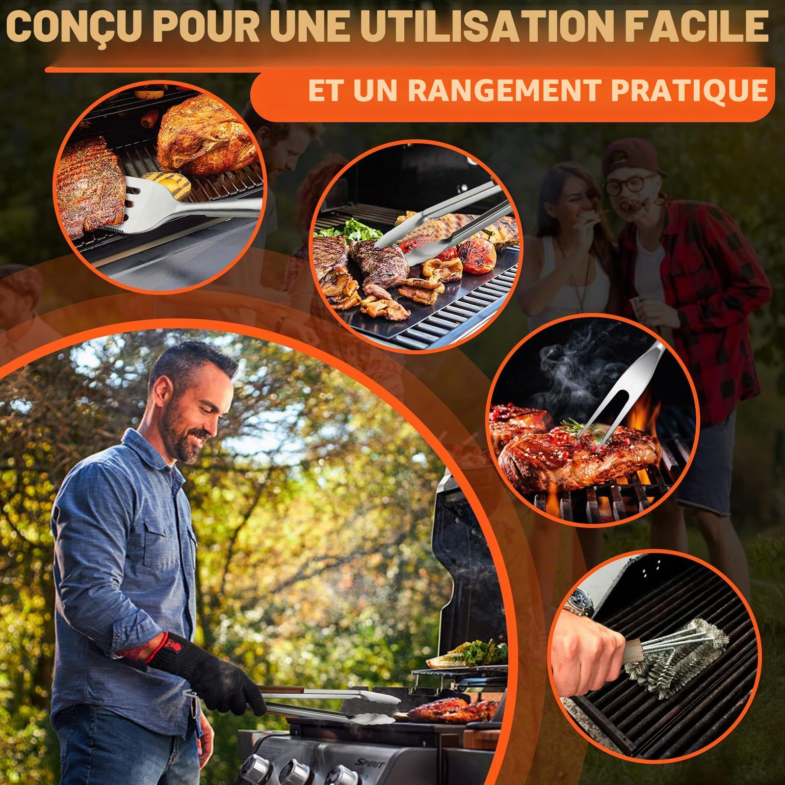 TIVOLI Lot de 4 ustensiles de barbecue en acier inoxydable avec poignées en bois