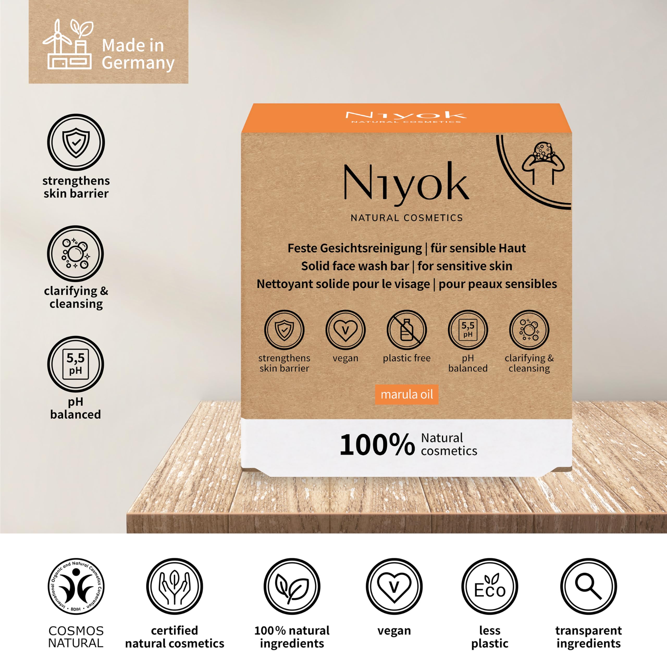Niyok® Stałe oczyszczanie twarzy "olejek marula" (80 g) • mydło do twarzy do skóry wrażliwej i wrażliwej • wegańskie mydło stałe • pielęgnacja twarzy wegańska • naturalne kosmetyki organiczne • mydło