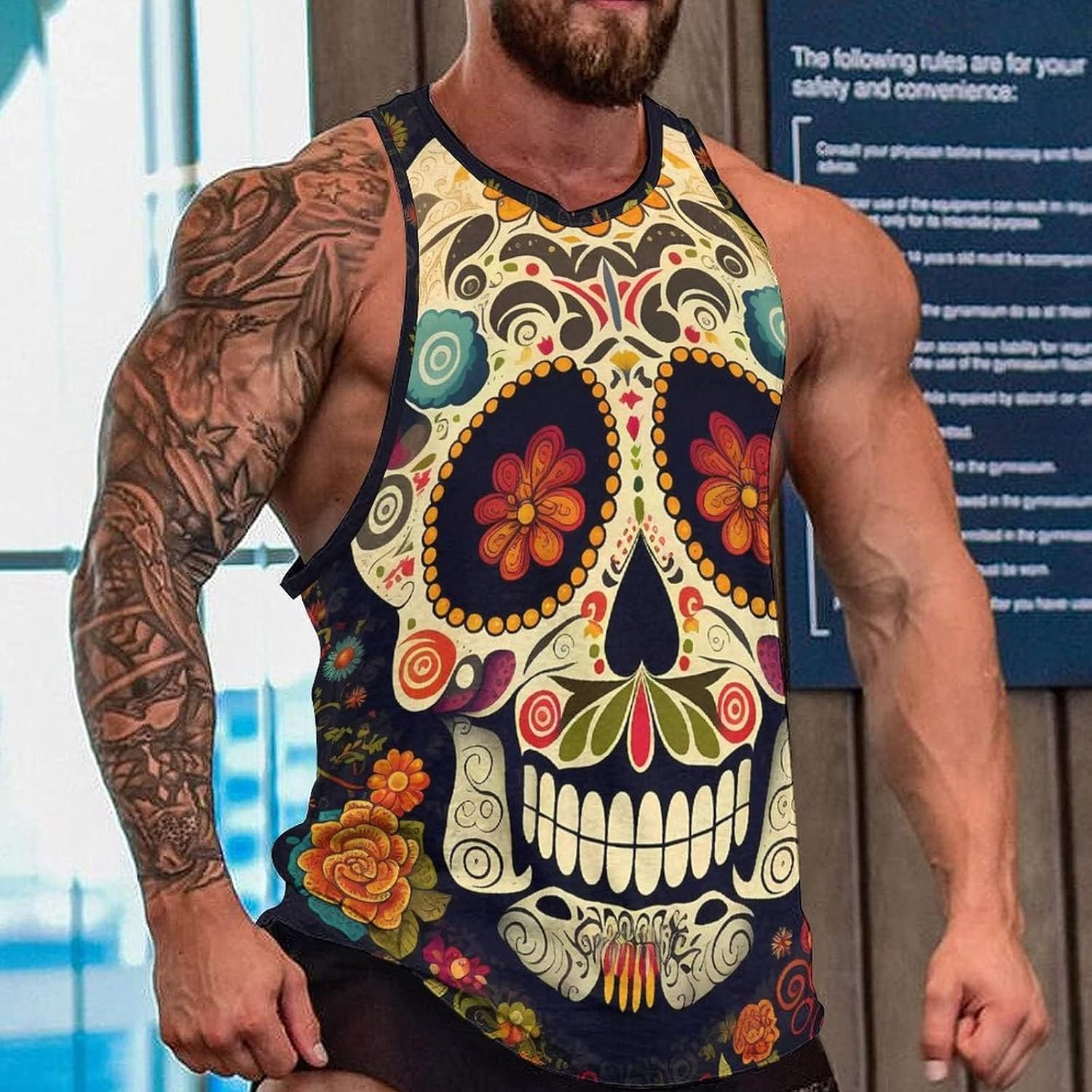 ZOCANIA Skull Tank Top Men Novelty Skull Print Graphic Gym Workout Sleeveless T-Shirts Cool Tees Skeleton Print Tank Top
