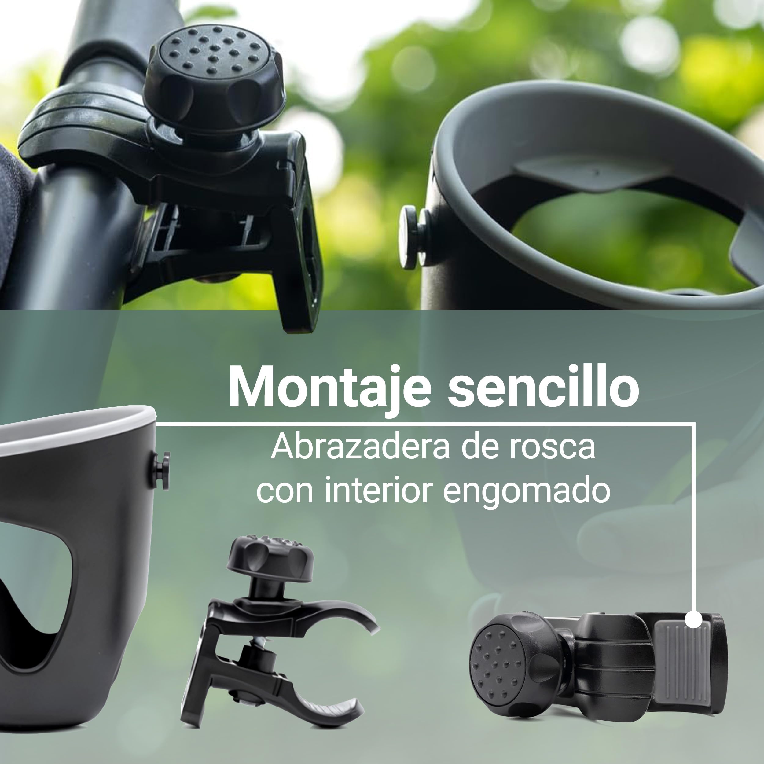 Zamboo Portavasos Universal para Carrito de Bebé – Soporte Antideslizante para Bebidas y Biberones – Ajustable y Fácil de Instalar – Accesorio para Silla de Paseo y Cochecito - Negro/Gris