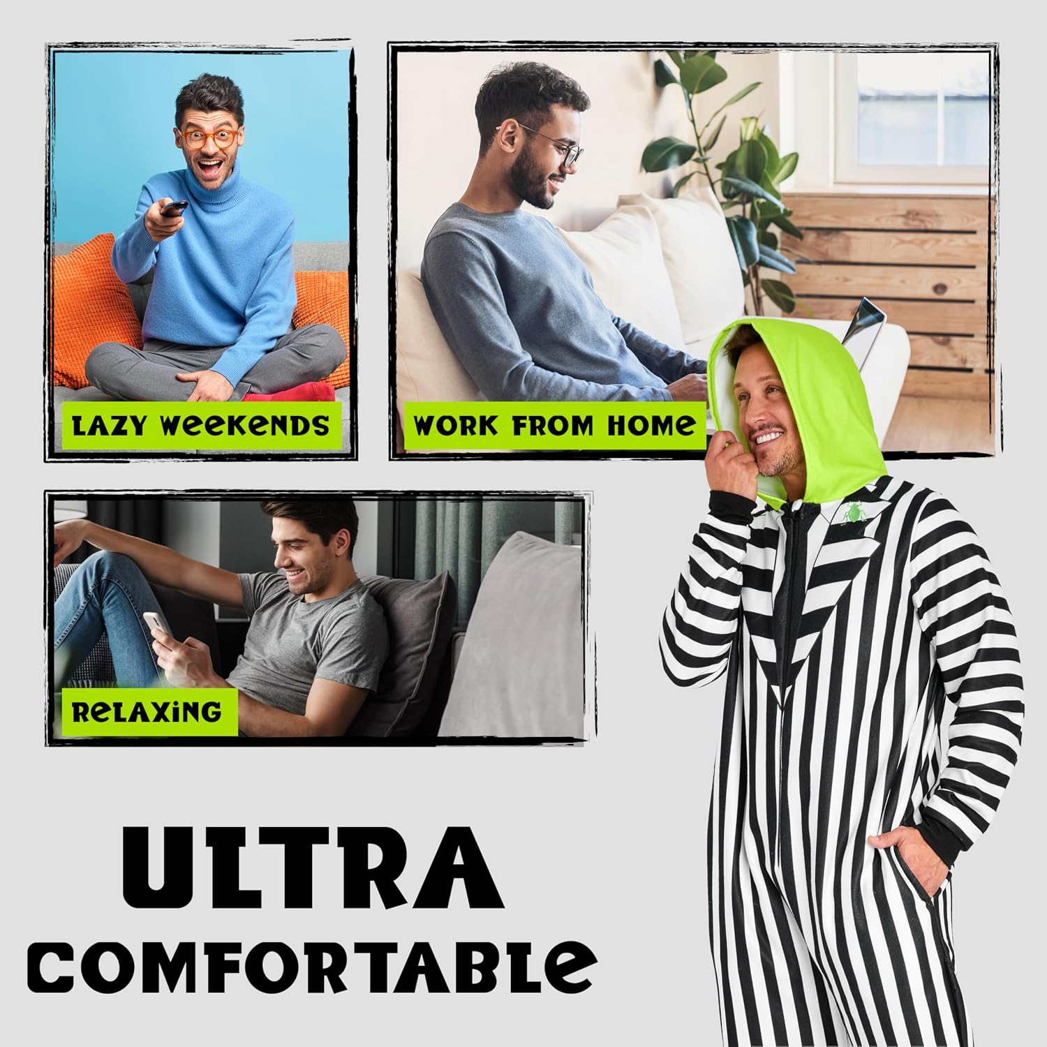 BEETLEJUICE Mens One-Piece Pajamas with Hood, Fleece Loungewear - Gifts for Him