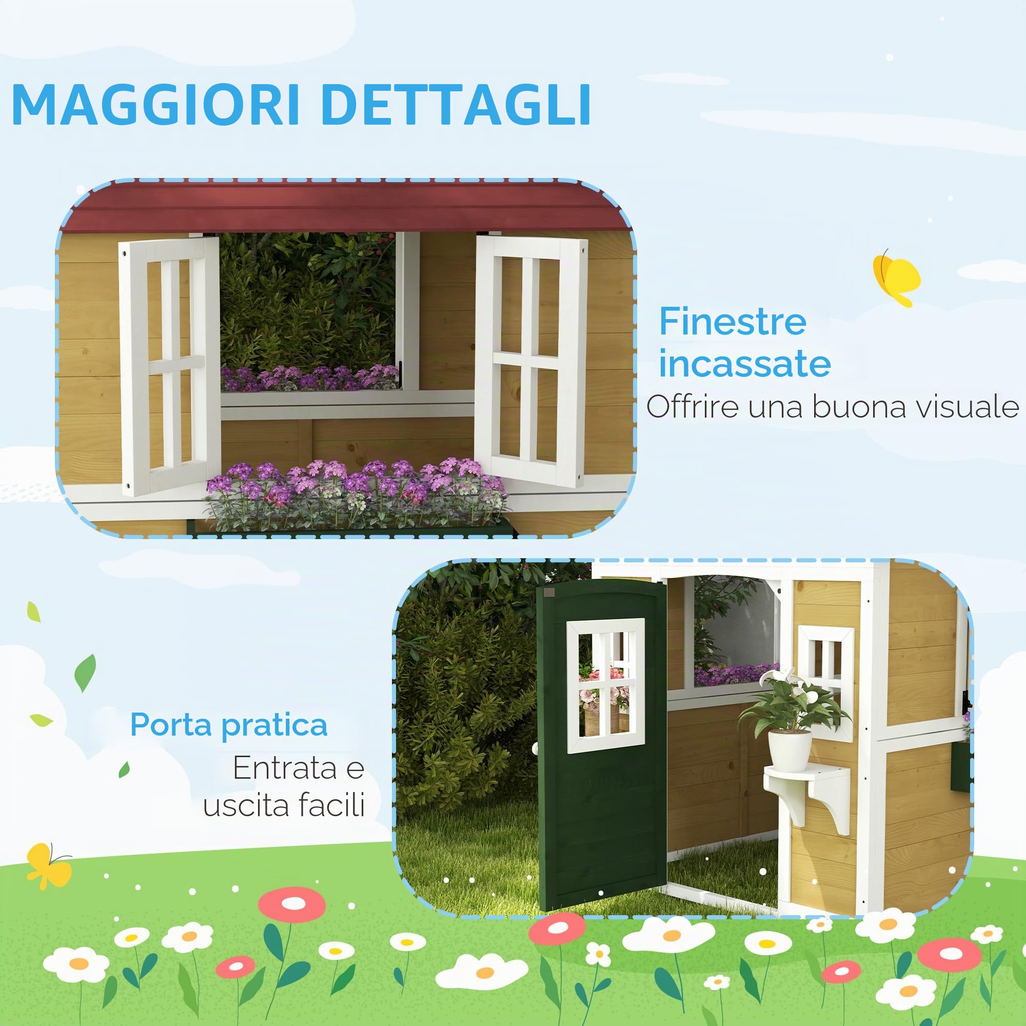Outsunny Casetta per bambini da esterno, casetta per bambini da esterno, con porta, finestre e fioriere, casetta da giardino per bambini da 3 a 8 anni, 114 x 126,4 x 135 cm, beige