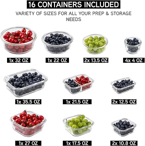 Miniatura 3 de COOK WITH COLOR Juego de recipientes de vidrio de borosilicato prémium de 32 piezas con divisores, 4 rectangulares, 8 redondos, 4 cuadrados, tapas a