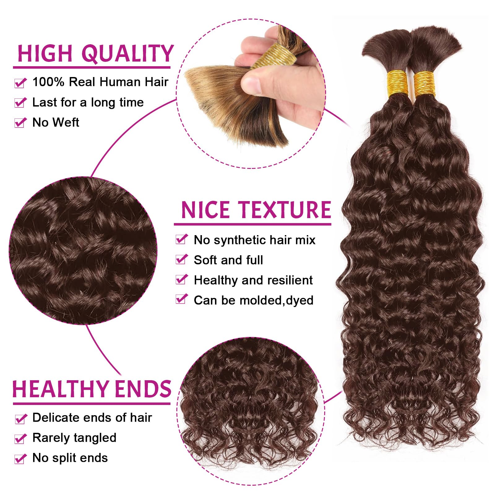 DaiMer Water Wave Bulk Human Braiding hair for Boho Braids 2 Bundles/Pack 100g No Weft 10A Brazilian Water Wave Bulk Dark Brown Human Hair Extensions for Braids (4# - Image 3