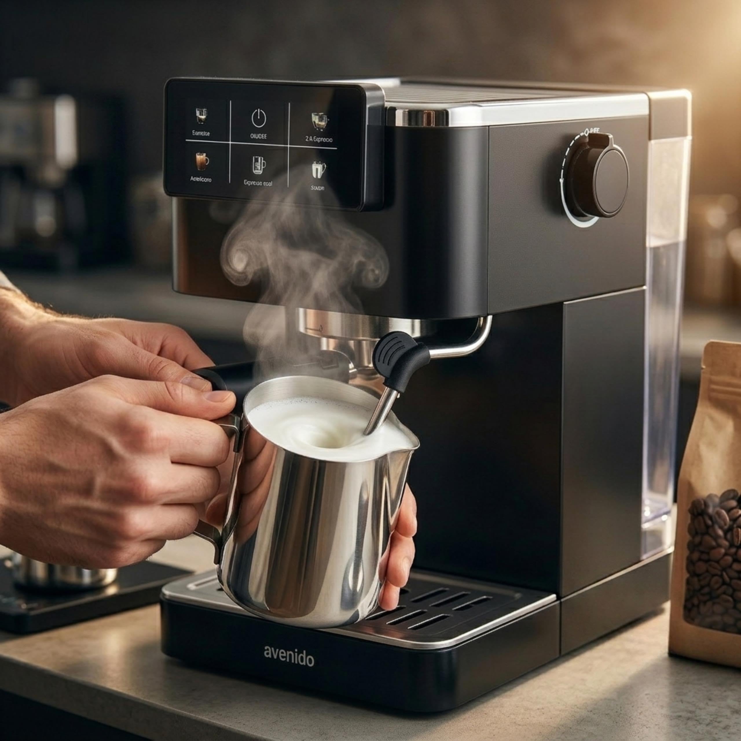 Ekspres do kawy ciśnieniowy, 20 bar, kolbowy do kawy mielonej, system spieniania mleka, 5 programów, espresso, podwójne, amerciano, espresso cool, spienianie mleka, 2 sitka, czarny