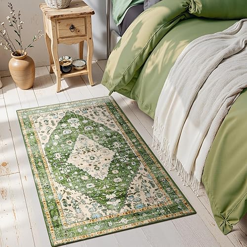 Miniatura 7 de Lahome Tapete tribal bohemio, pequeño, suave, antideslizante, lavable, de pelo corto, para piso en puerta, interior, entrada, baño, silla, Verde