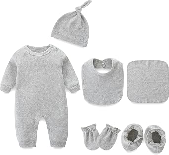 6-in-1 bundle set Newborn 0-3M Romper+Burp Cloth+Bib+Mittens+Shoes+Cap | 100% Cotton,Easily Change Diapers,Baby Shower,Welcome Gifts
