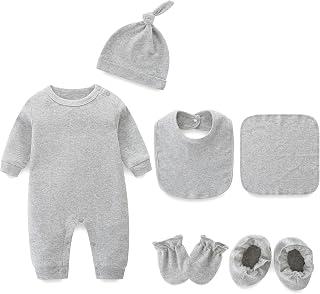 Infant Romper+Burp Cloth+Bib+Mittens+Shoes+Cap Set Breathable Healthy Fabric Tops for Baby
