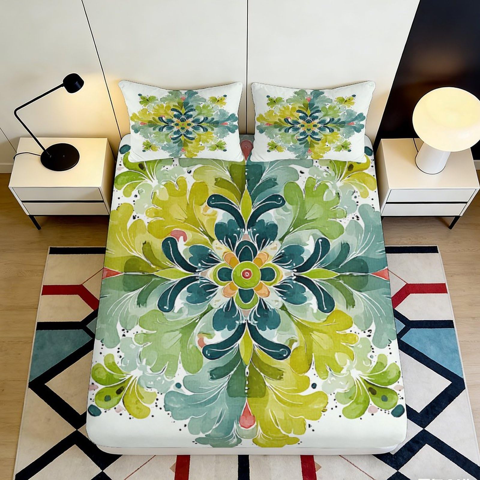 3D Printed Botanical Fitted Sheet Microfiber Deep Pocket Non-Slip Bedroom Set Botanical Mattress Fitted Cover Washable All Ages 140x200x25cm