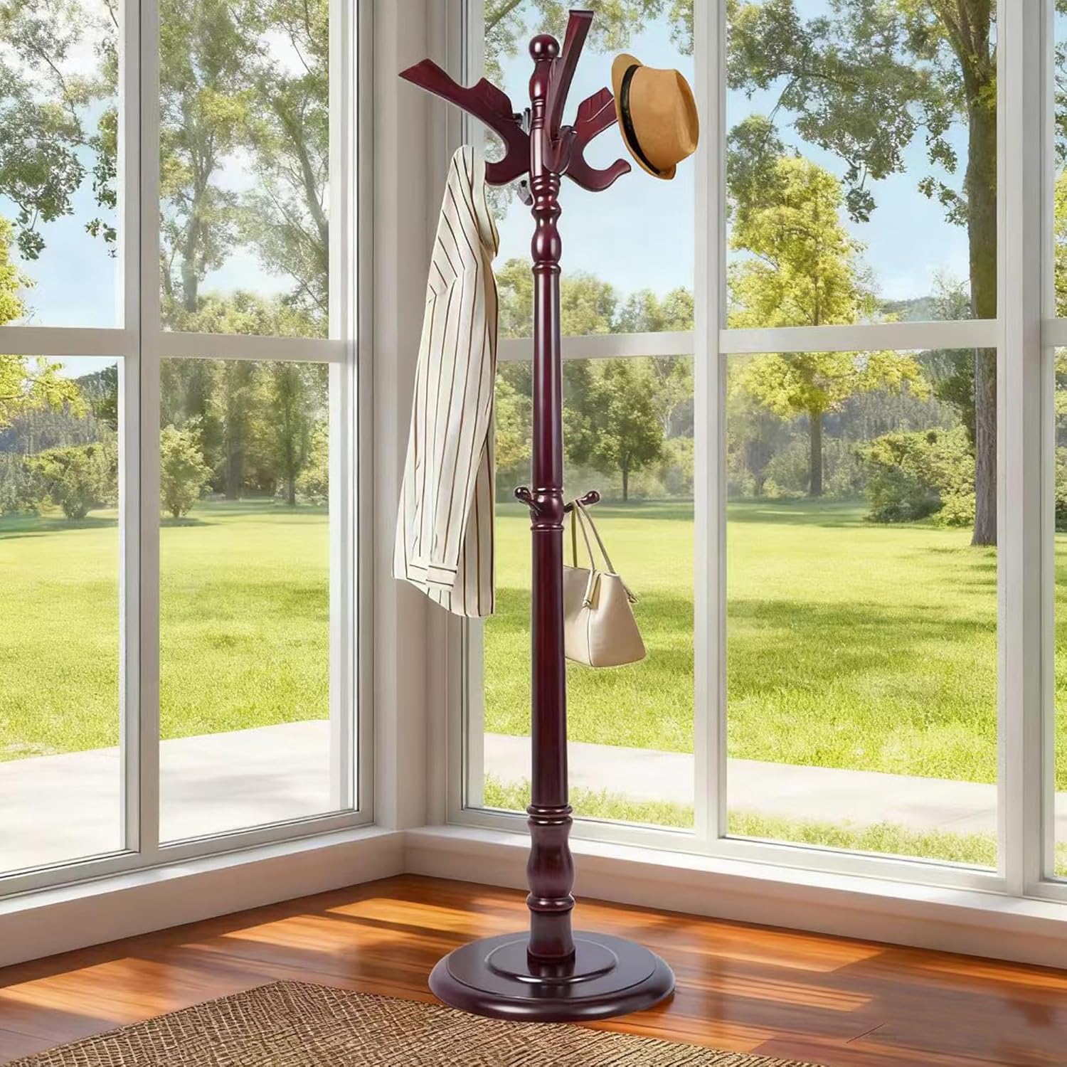 73" Wooden Freestanding Coat Rack，Easy to Adjust, Easy to Assemble for Children, Youth,Coat Rack Stand With Adults，18 Hooks and Round Solid Wood Base for Entrance Hallway Office (Flying Swallow)