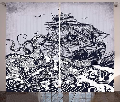 Ambesonne - Cortinas náuticas tentáculos de pulpo de Kraken para vela de barco antiguo en olas del océano 2 paneles para sala de estar dormitorio