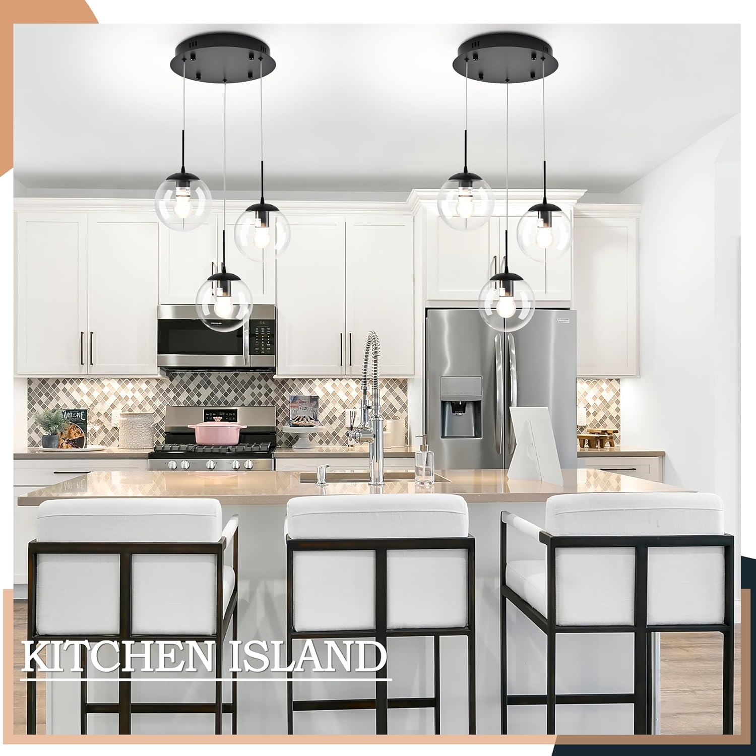 koko&yukina 3-light globe glass pendant light modern black clear globe glass chandelier adjustable length pendant lights fixtures high ceiling light for kitchen island foyer (bulb & remote incl.) black & clear glass 3-light, d11.8"