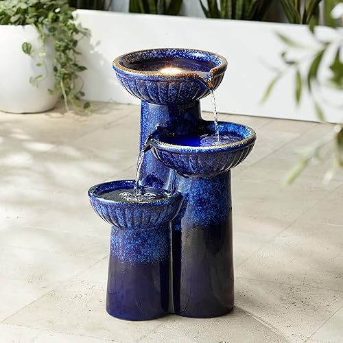 3-Bowl 26 3/4" High Large Modern Outdoor Decor Blue Cobalt Ceramic Floor Fountain with Light LED Standing Waterfall Tiered Water Feature for Outside Garden Patio Yard Backyard - John Timberland