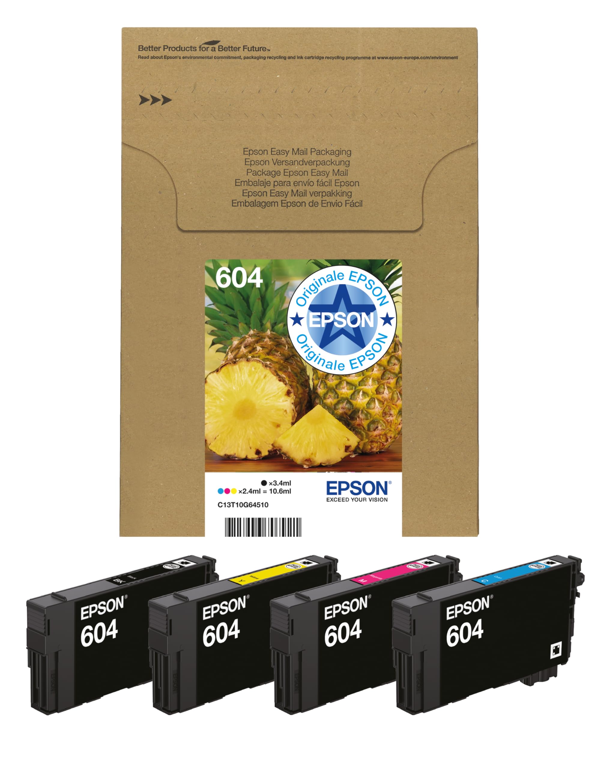 Epson 604 Serie Ananas - Cartucce per stampante getto d'inchiostro, Multipack 4 colori (Nero, Ciano, Magenta, Giallo), Formato STD, Stampe affidabili casa e ufficio, Confezione EasyMail