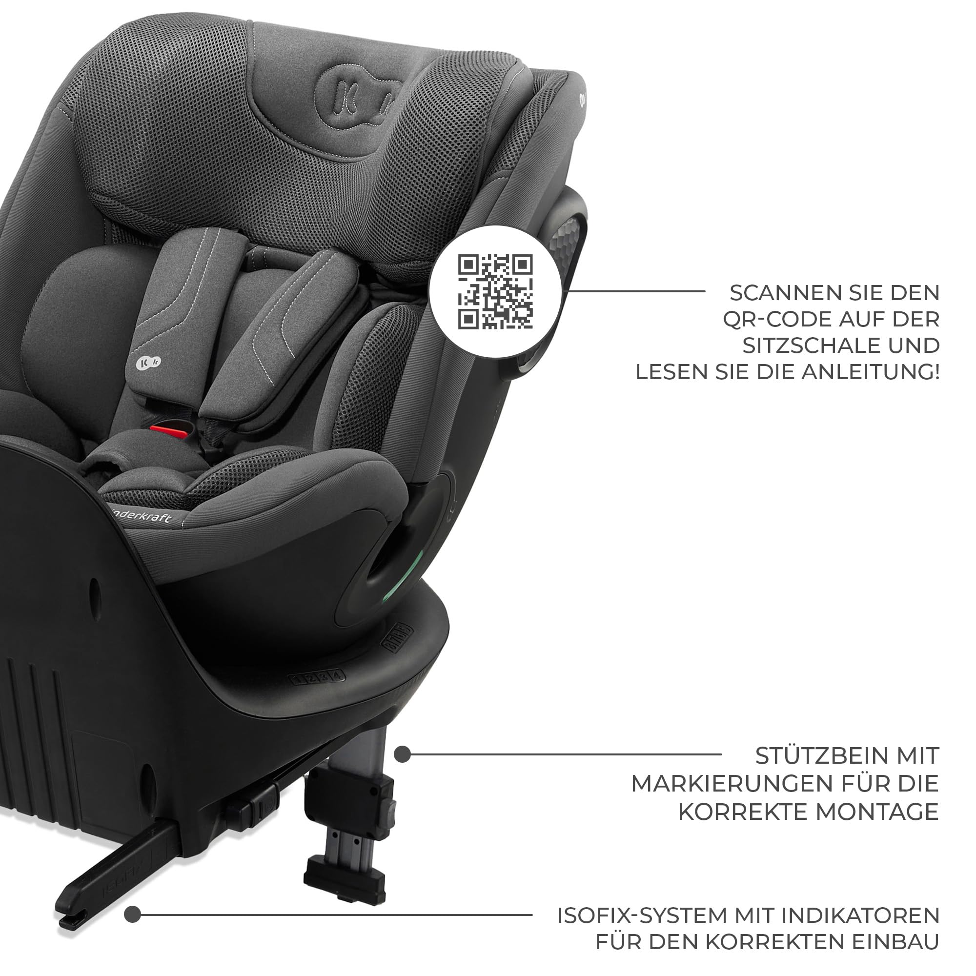 Kinderkraft XRIDER2 I-SIZE 40-150 cm, Kindersitz 0-36 kg, 0-12 Jahre, 5-Punkt-Gurte, 360 grad drehbar, Kinderautositz mit ISOFIX, FWF und RWF, verstärkte Kopfstütze, Memory-Schaum, Grau