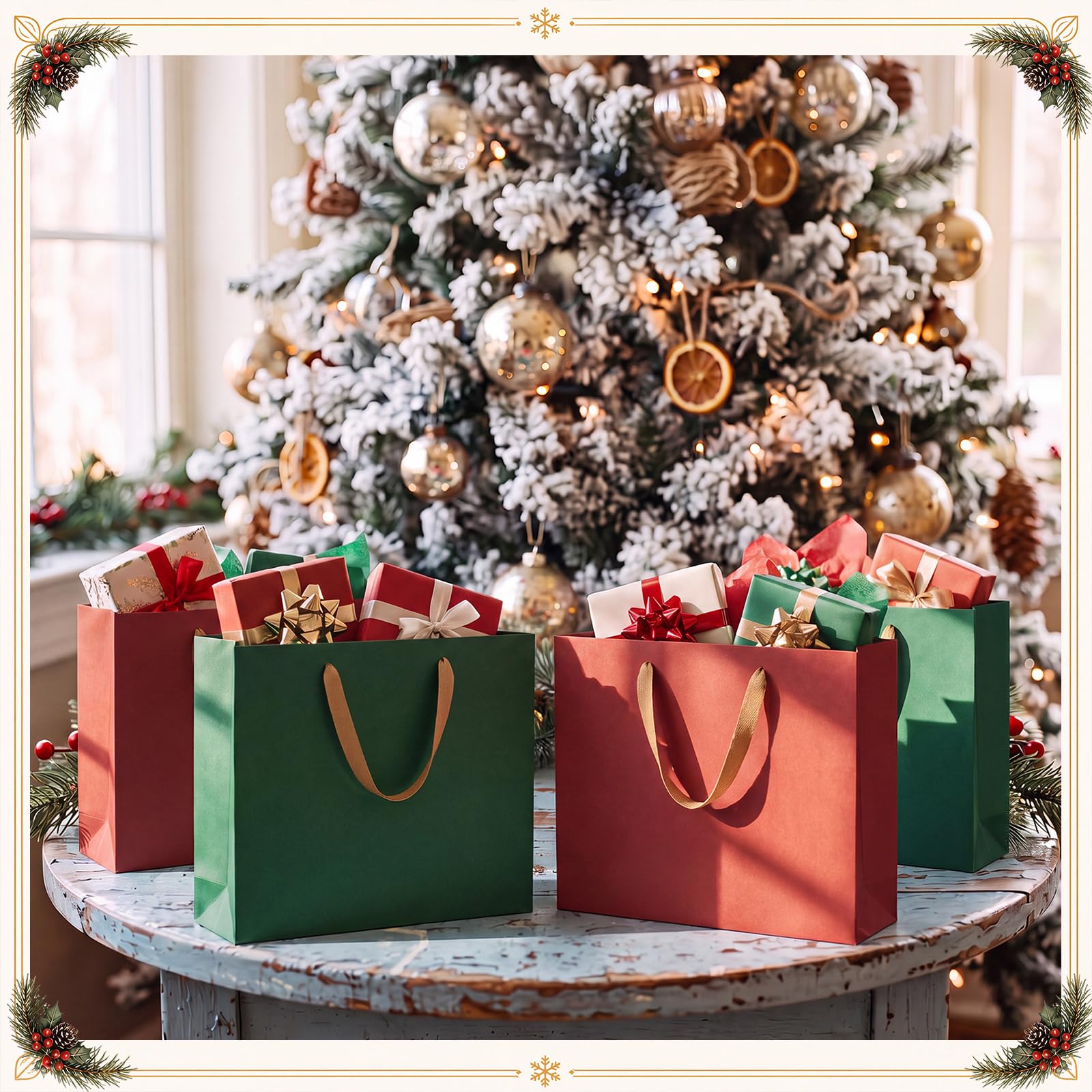 Tenceur Lot de 50 sacs cadeaux de Noël en papier kraft très résistants avec poignées - Sacs cadeaux de Noël réutilisables robustes pour Noël, fêtes, mariages (26 x 21 x 7,9 cm)