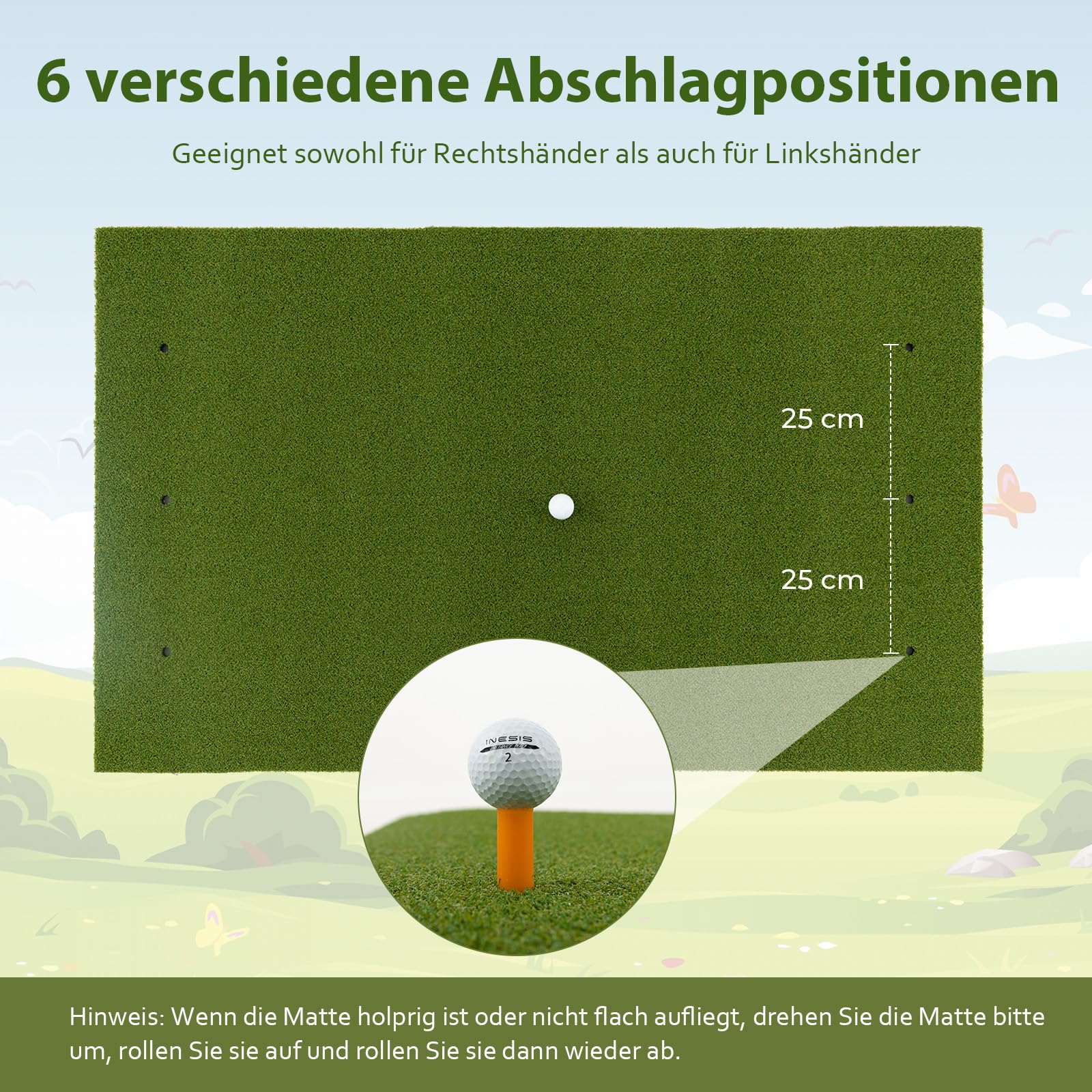 GYMAX Golf Abschlagmatte, Golf Übungsmatte mit 2 Gummi-Tees, 2 Ausrichtungsstäben & 6 Abschlagpositionen, Golf-Schlagmatte für Schwung-Training, Golfmatte für Indoor & Outdoor, 152 x 92 x 2 cm