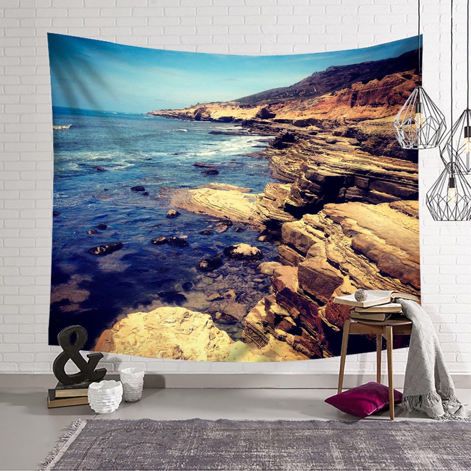 Epinki Wandtuch 240x220cm, Landschaft Natur Wandteppich Meer Riff Landschaft Wandteppiche Polyester Heimdekorationen für Schlafzimmer Wohnzimmer Kinderzimmer, Blau Braun