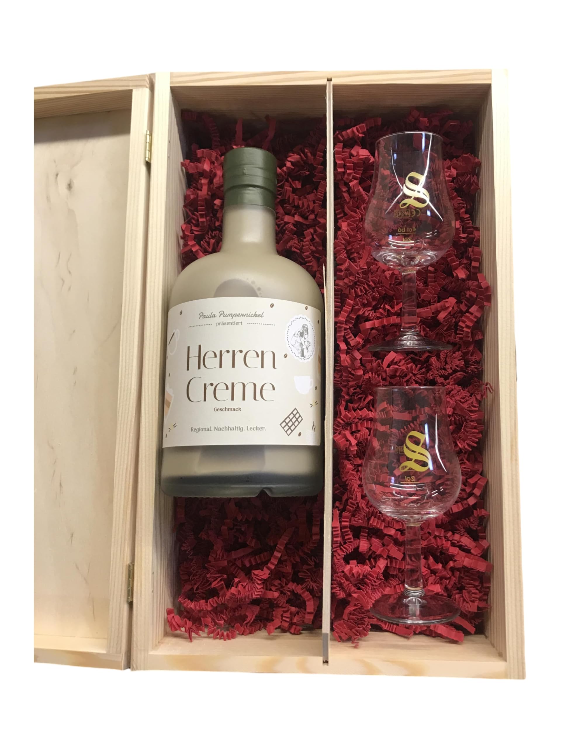 Paula Pumpernickel Herrencreme 17% vol. 0,7 ltr. Cremelikör - Geschenkset mit 2 hochwertigen Signatory-Gläsern (2 und 4 cl Eichstrich) in edler Holzbox - Perfekt für besondere Anlässe