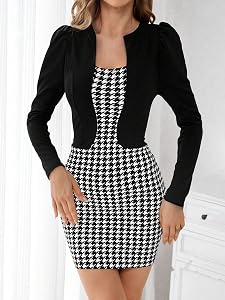 Women's Elegant Houndstooth Bodycon Dress Puff Sleeves 2 in 1 Mini Pencil Dresses