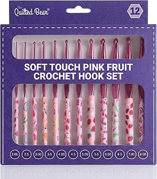 The Quilted Bear Pink Fruits Crochet Hooks with Smooth Handles, Set of 12 | Soft Touch Polymer Clay Handles, Polished Aluminium Hooks, 12 Versatile Sizes 2mm to 8mm, Comfortable Grip, Lightweight
