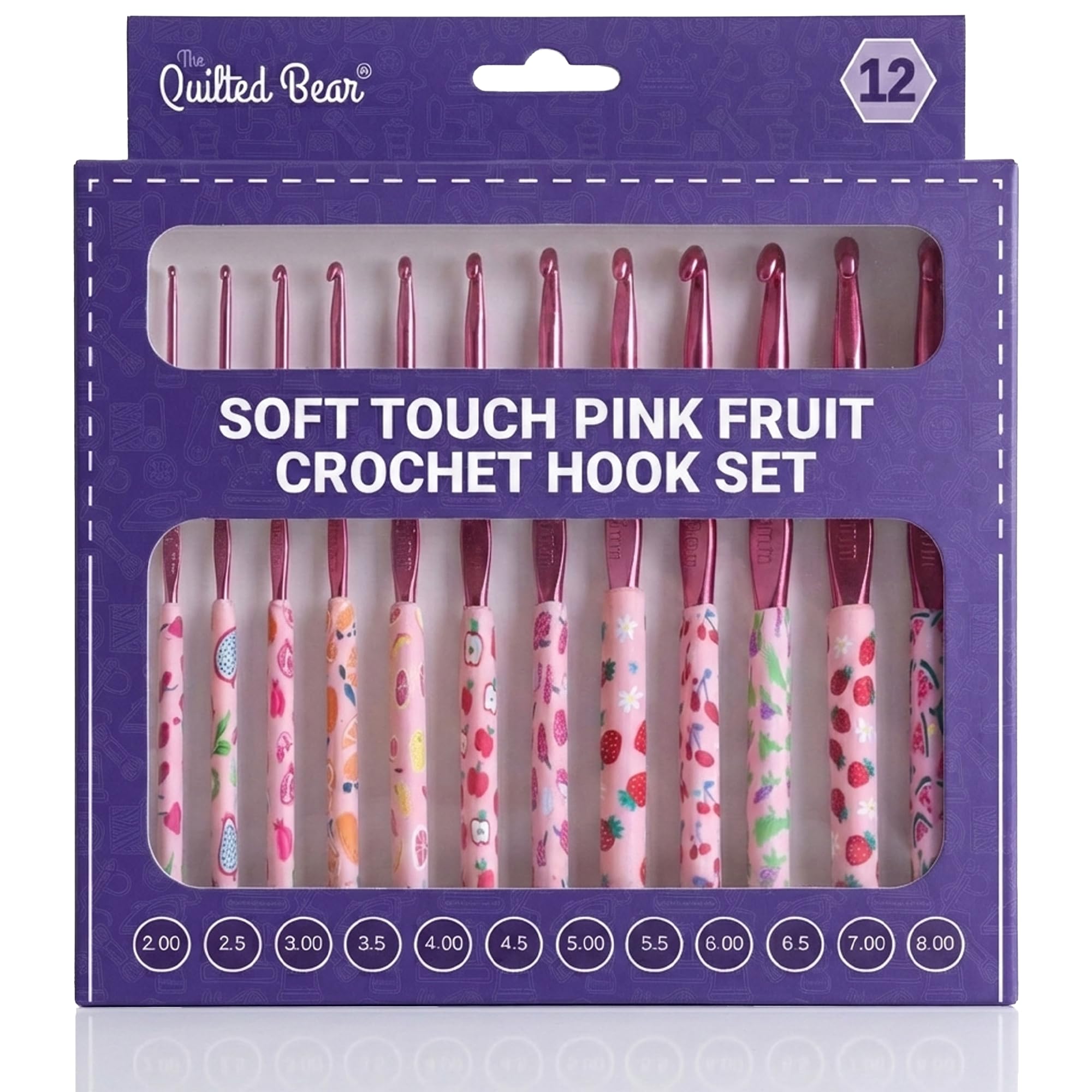 The Quilted Bear Pink Fruit Print Crochet Hook Set – 12 Premium Soft Grip Crochet Hooks with Ergonomic Polymer Clay Handles for Comfortable & Effortless Crocheting (2mm–8mm)