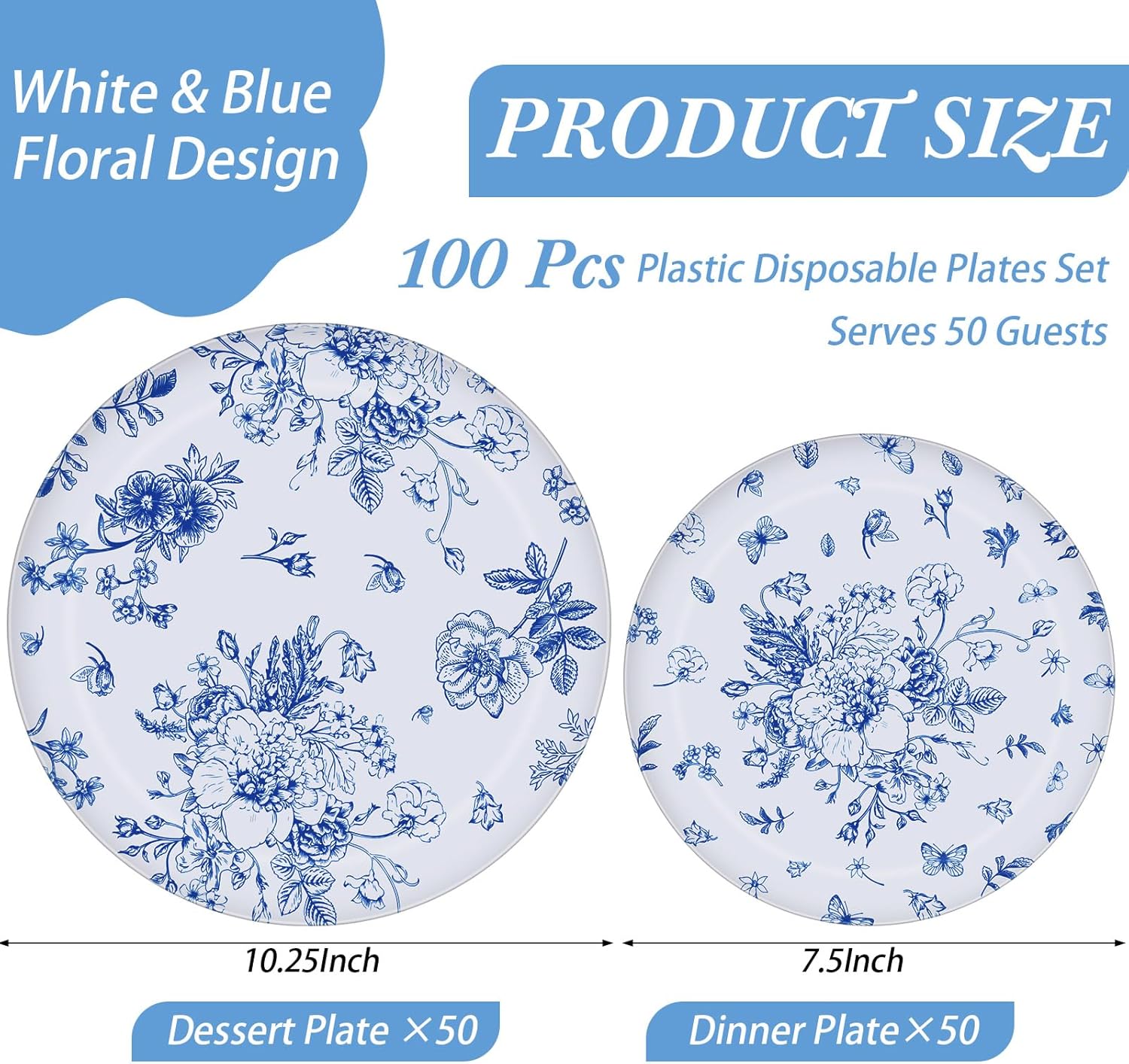 Mifoci 100 Pcs Blue and White Floral Plastic Plates Set for 50 Guests, 50 Pcs 10.25 in Dinner Plates and 50 Pcs 7.5 in Dessert Disposable for Wedding Bridal Baby Shower Tea Party