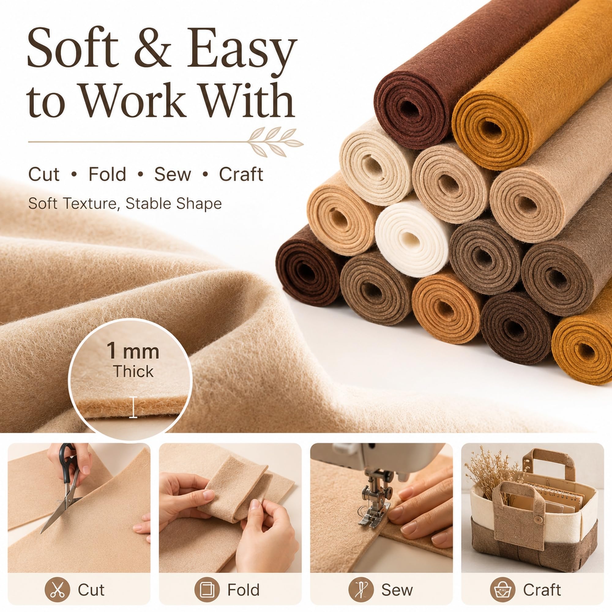 12 rotoli di feltro per bricolage, 20 x 90 cm, 1 mm di spessore, tessuto di feltro morbido per progetti fai da te, per patchwork, cucito, decorazione, progetti scolastici, artigianato (marrone)