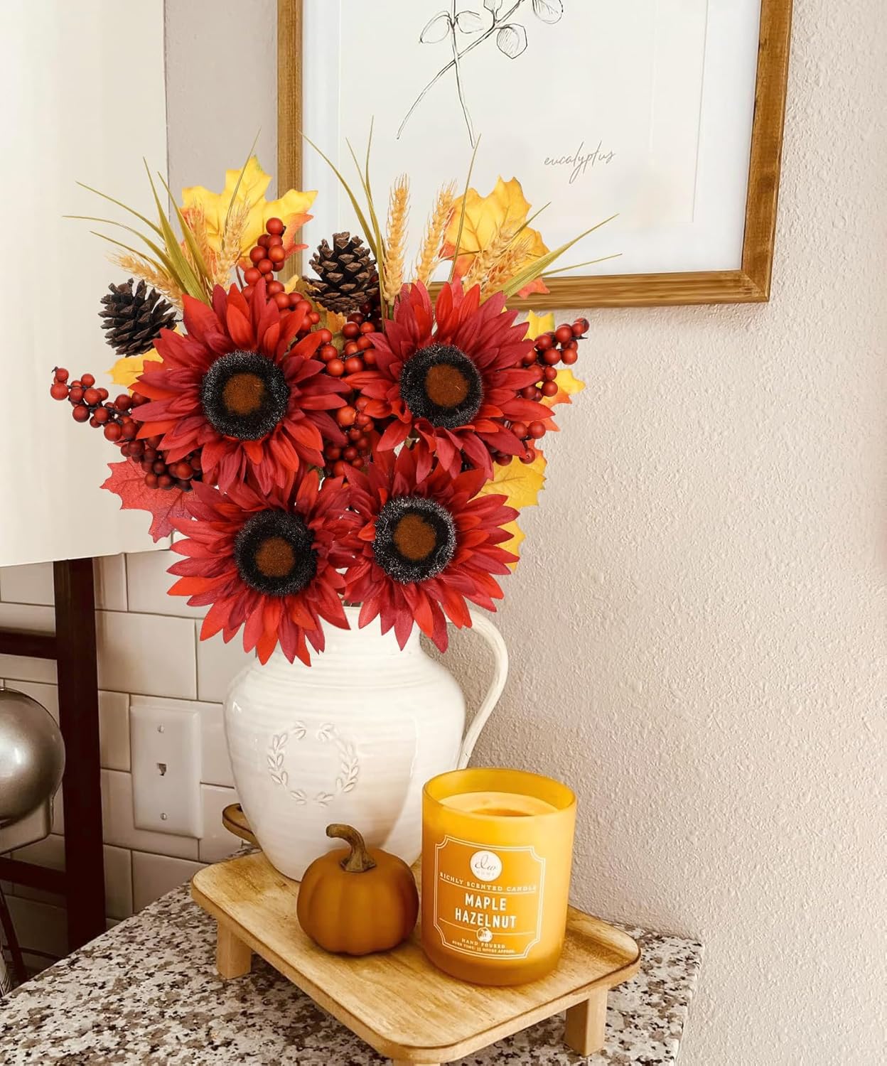 Briful Set of 2 16in Fall Burgundy Sunflower Picks and Sprays with Pinecones Berries Maple Leaves Artificial Fall Floral Branches Stems for Autumn Home Wedding Party Vase Centerpieces Decor - Image 5