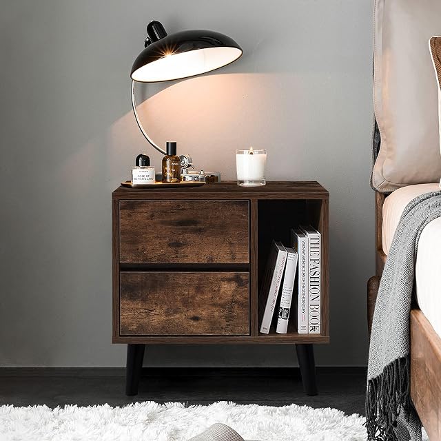 TUKAILAi Dark Wood Bedside Table Retro Cabinet Storage Unit Nightstands with 2 Drawers and Open Side Storage Brown