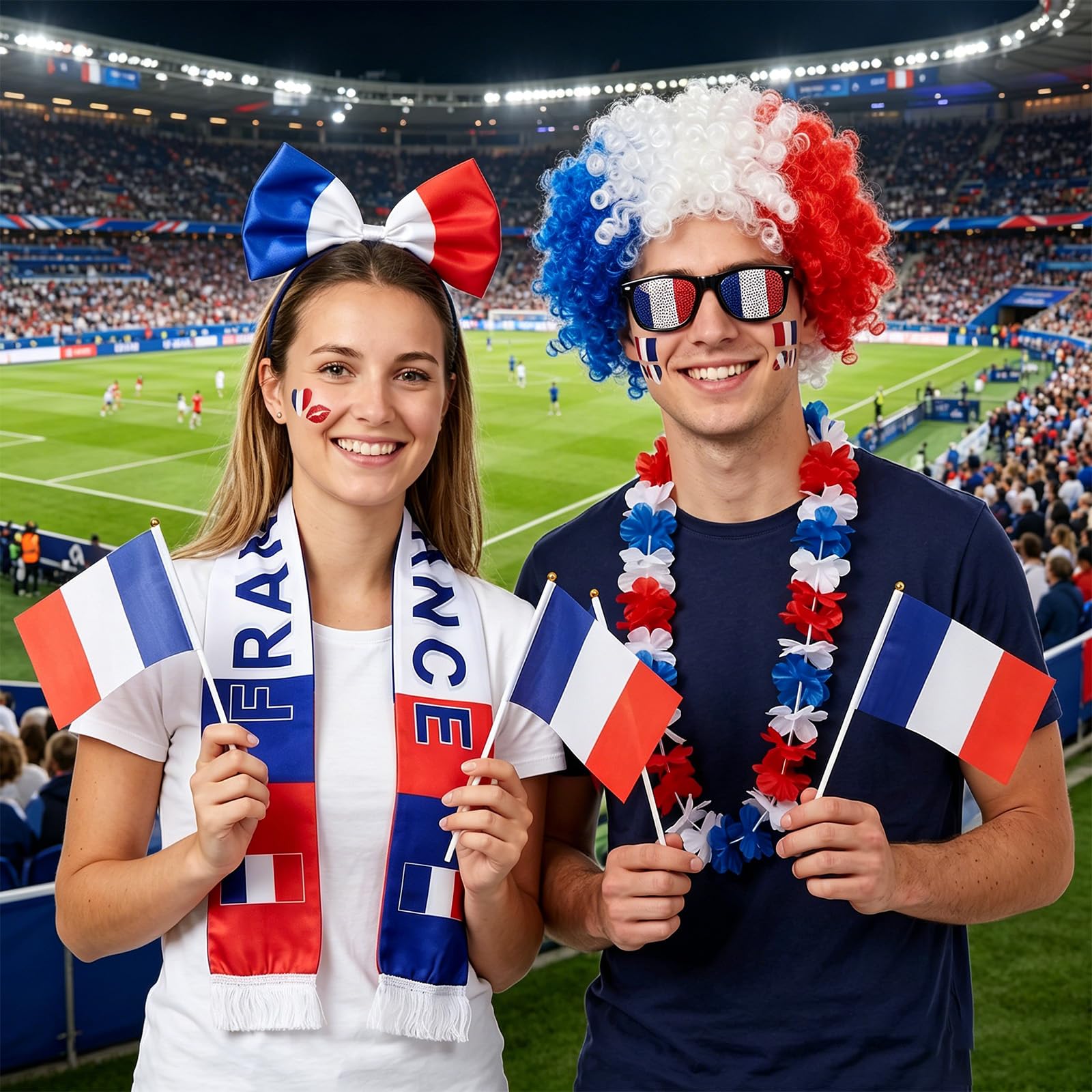9 Pièces Kit Supporter France, Coupe du Monde 2026 Football Accessoire Bandeau Écharpe Perruque Tatouages Temporaires Lunettes Collier de Fleurs, Drapeau à Main Accessoire Supporters France