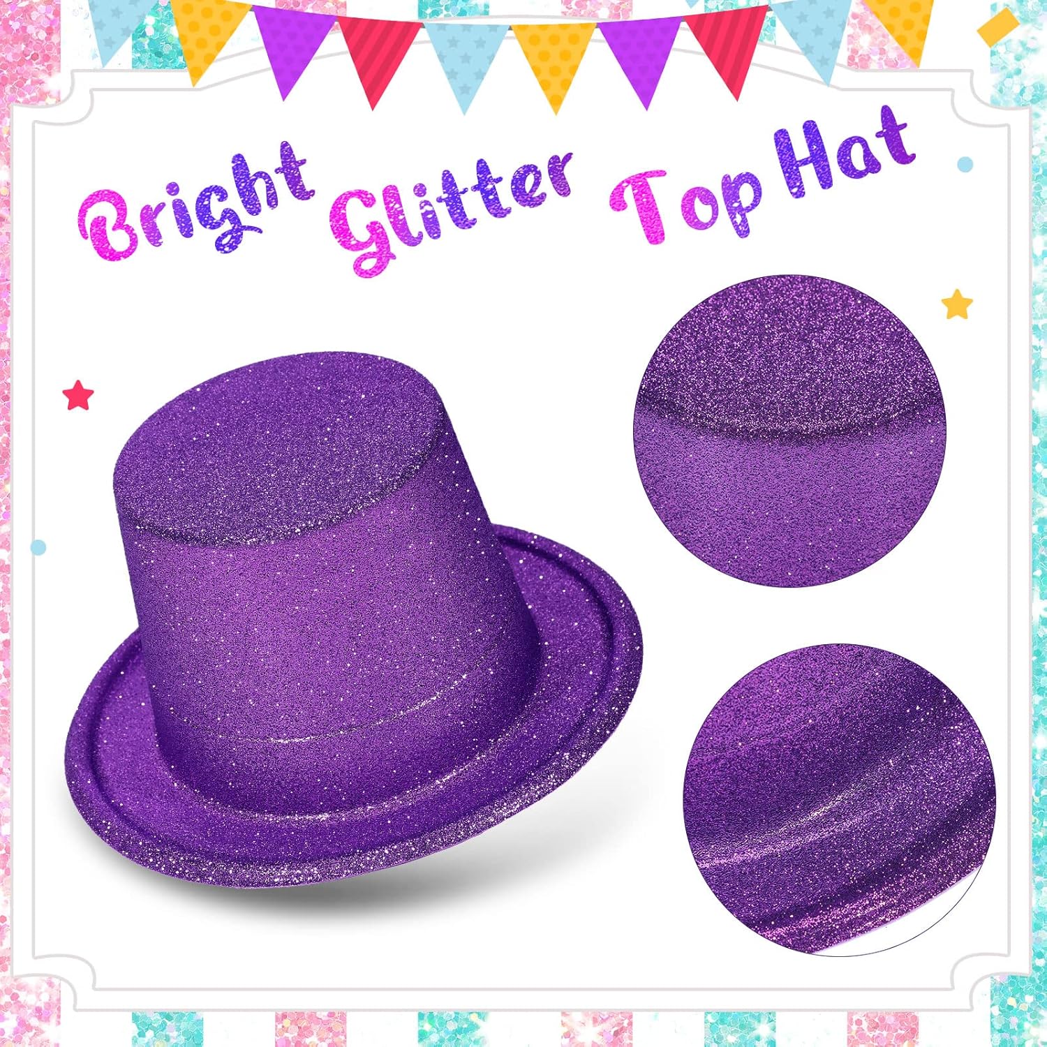 Handepo 12 Pack Bright Glitter Top Hat Fun Mini Party Hats for Adults Easter St. Patricks Day Party Decoration Plastic Assorted Colors for Holiday Dress Accessories - Image 3