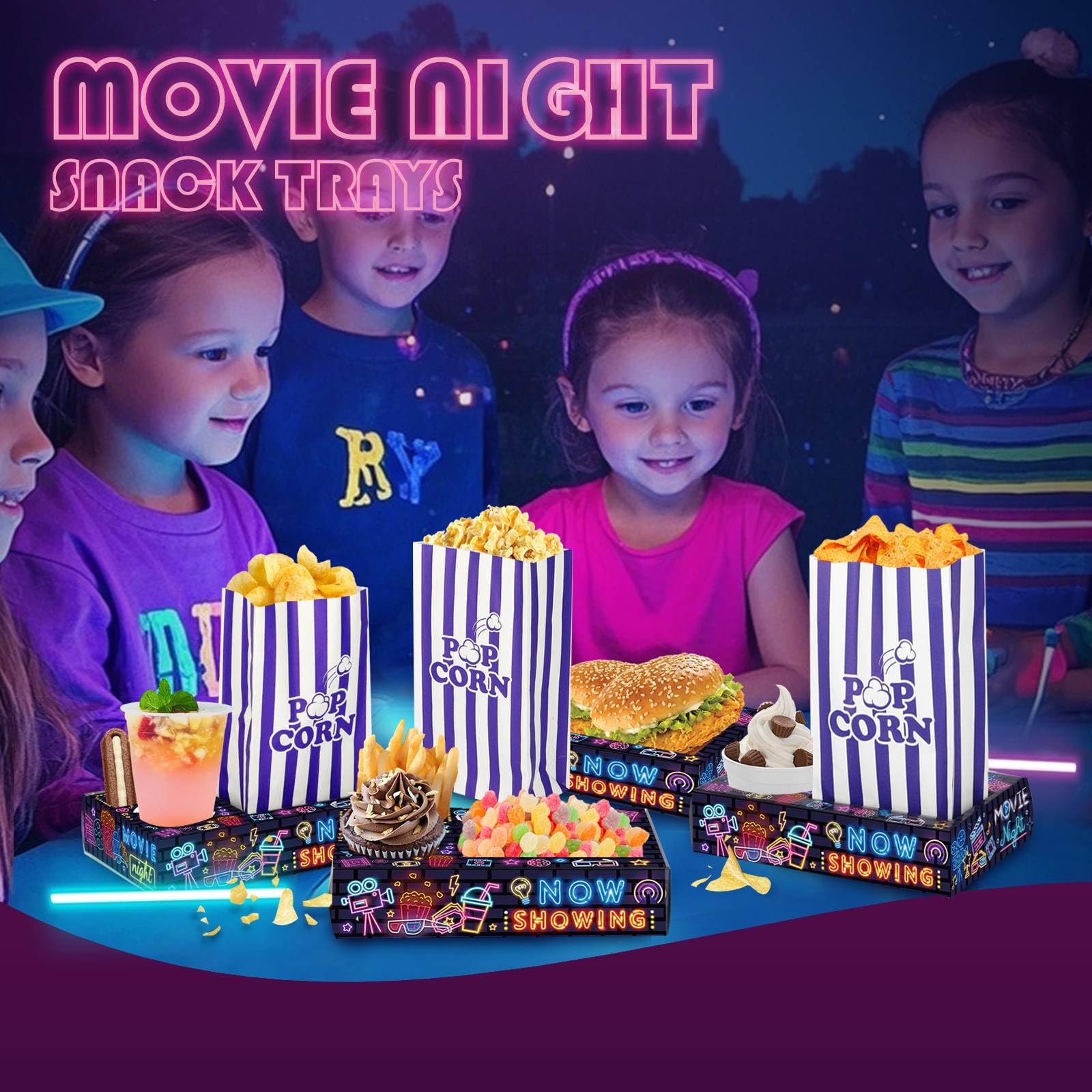 HAPYPATY 48Pcs Movie Night Supplies 24Pcs Neon Movie Night Snack Trays with 24Pcs Popcorn Bags, Theater Candy Boxes for Neon Glow Birthday Party Supplies