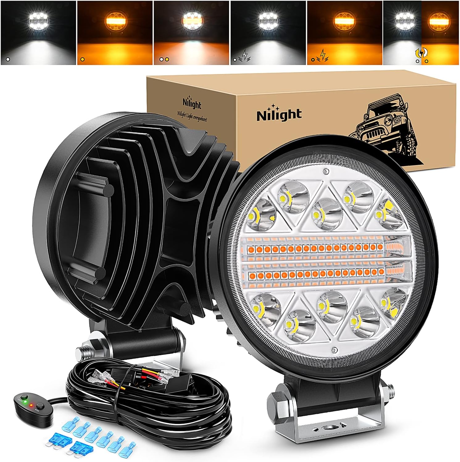 Nilight 2PCS 4.5 Inch 27W LED Light Bar Amber White Strobe 6 Modes Memory Function, Ideal for Fog & Snow, Off-Road Truck Car ATV JEEP Boat with 16AWG Wiring Harness Kit-2 Leads