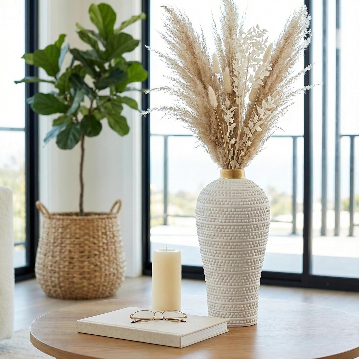 Textured Ceramic Vase with Metal Rim for Living Room and Home Decor - Raised Dot Accent for House, Room and Bedroom Styling - Elegant Flower Vase for Office, and Table Display - 14", White & Gold